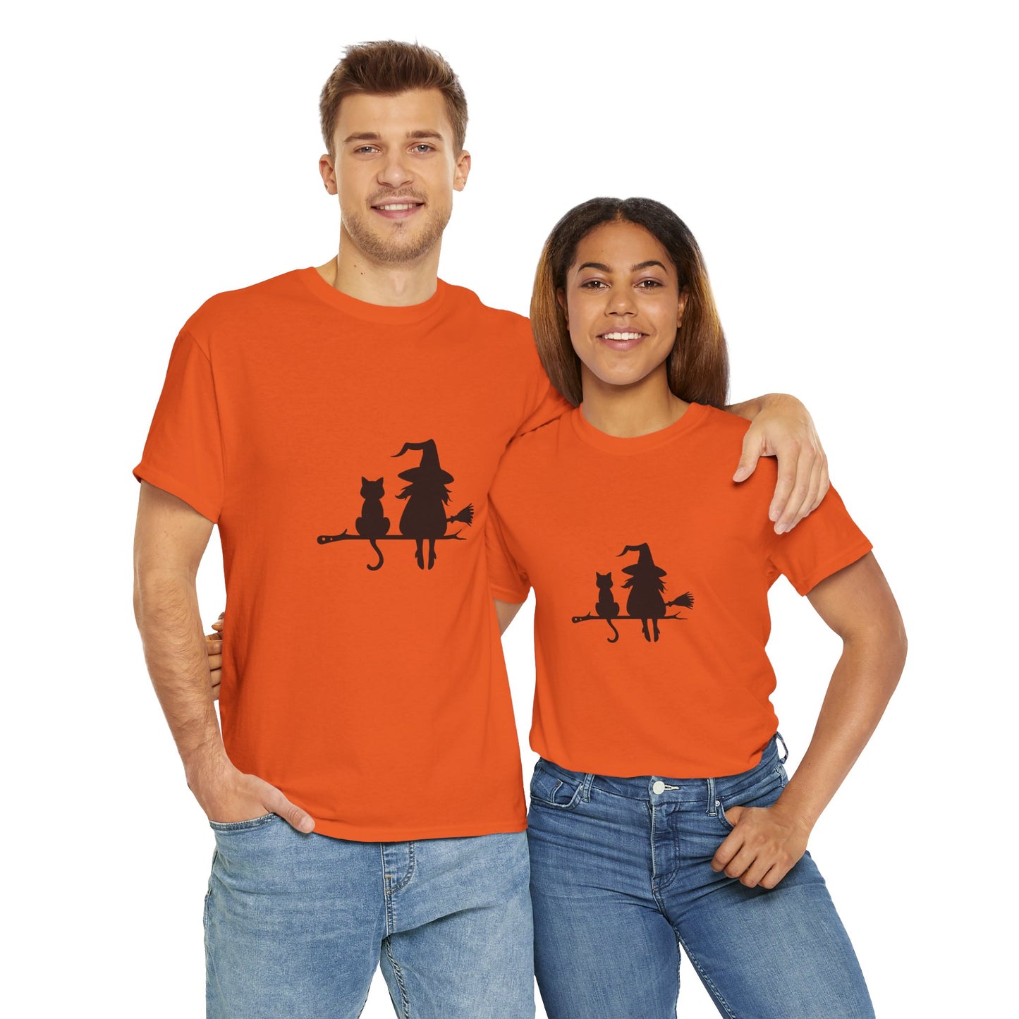 Witch and Cat Tee | Spooky Unisex Shirt for Halloween | Cute Witchwear for Cat Lovers | Fall Wardrobe Essential | Gift for Magical Friends