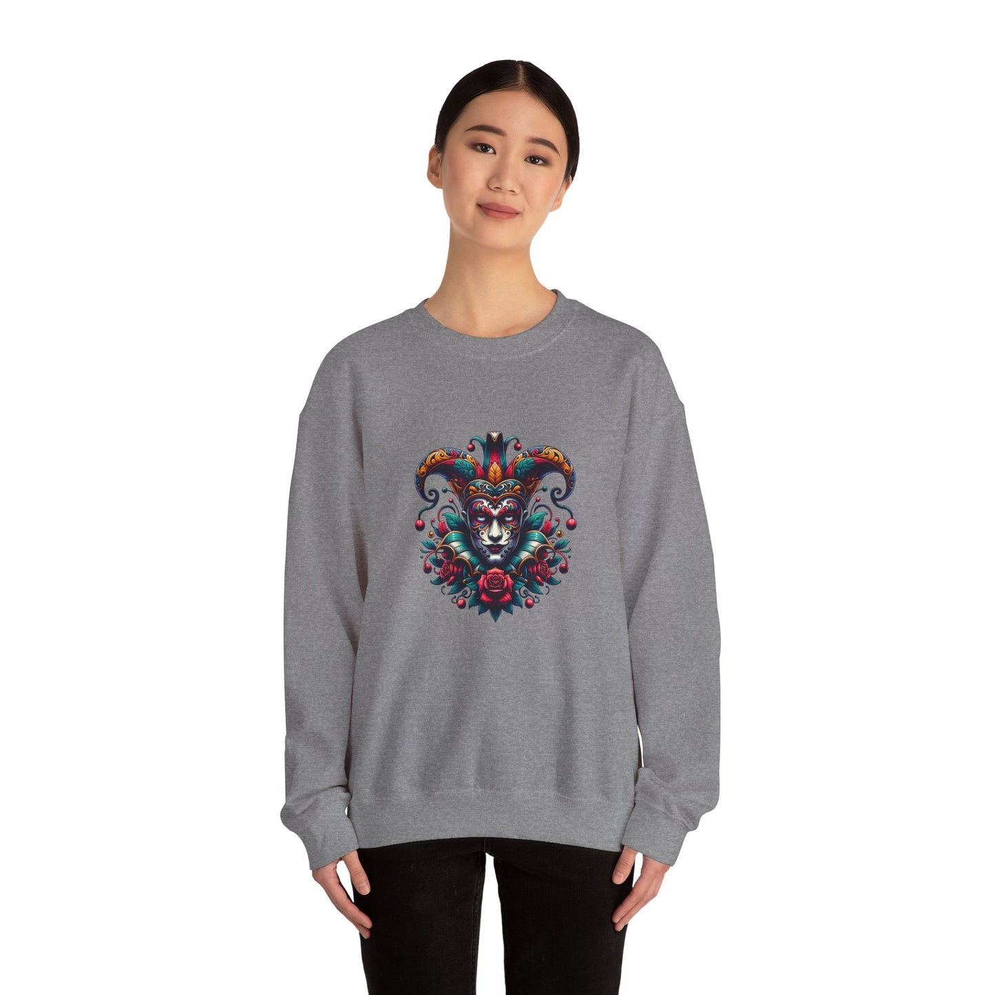 Colorful Jester Sweatshirt, Unisex Heavy Blend Crewneck, Unique Art Apparel, Trendy Fashion, Cozy Gift for Adults