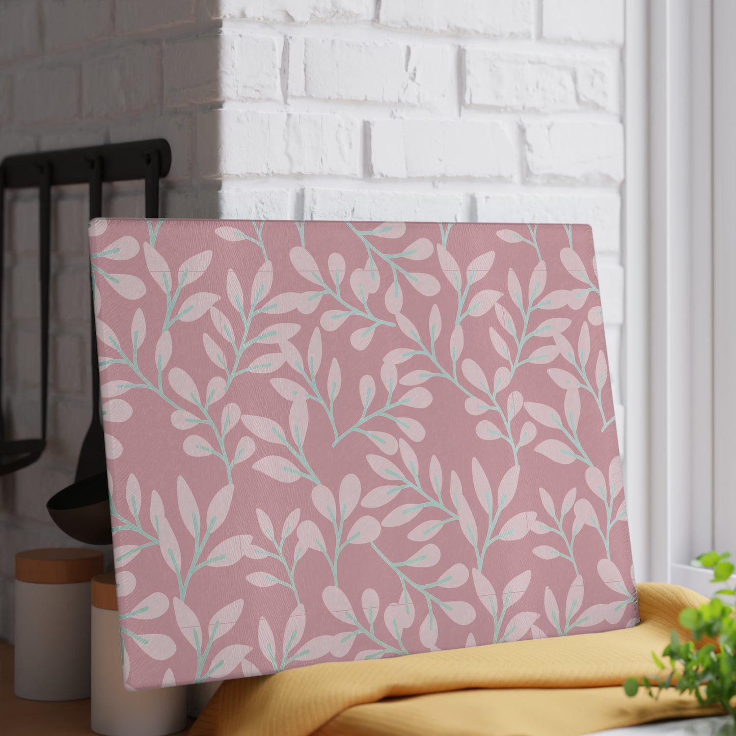Pink Floral Glass Cutting Board – Pastel Leaf Pattern Kitchen Decor