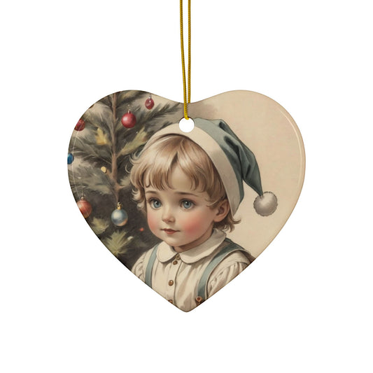 Vintage Christmas Ceramic Ornaments, 2-Sided Holiday Decor, Child and Tree Design, Perfect for Tree, Gifts, Stockings, Collectibles