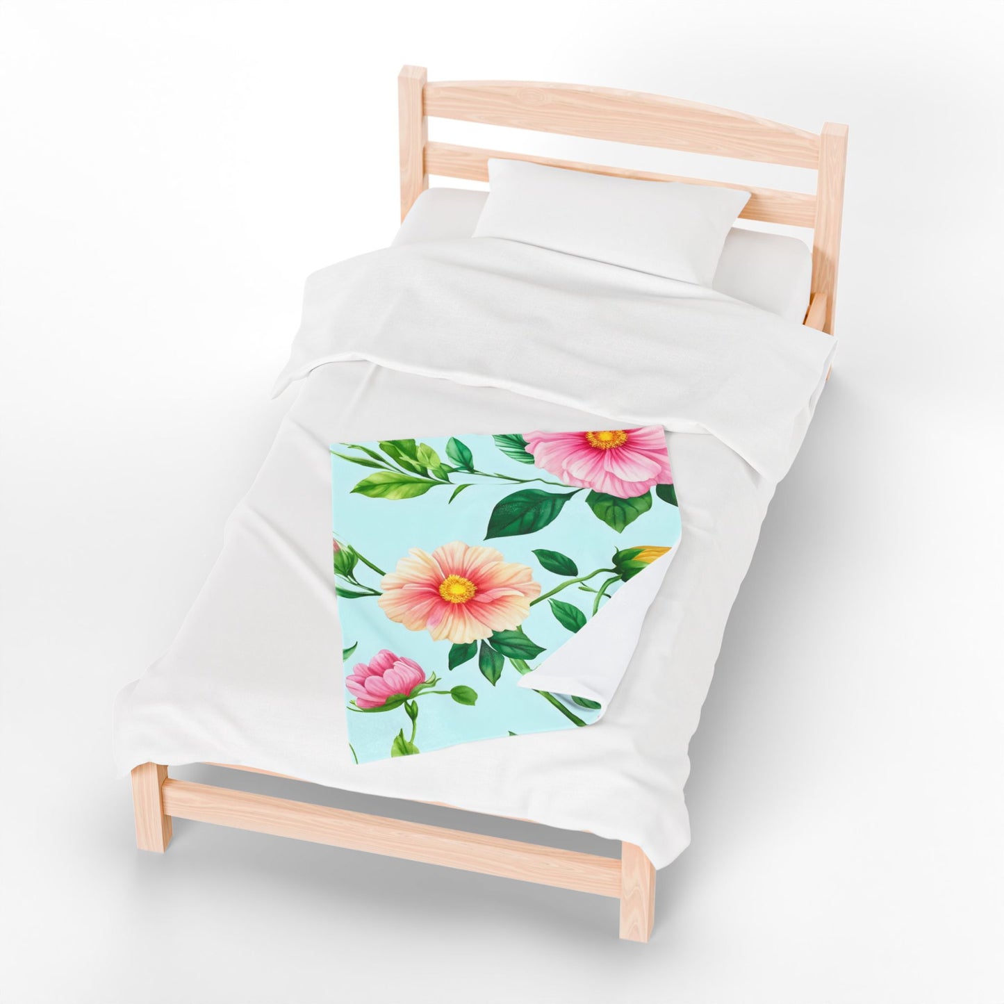 Floral Velveteen Plush Blanket — Pastel Pink & Mint Flower Throw