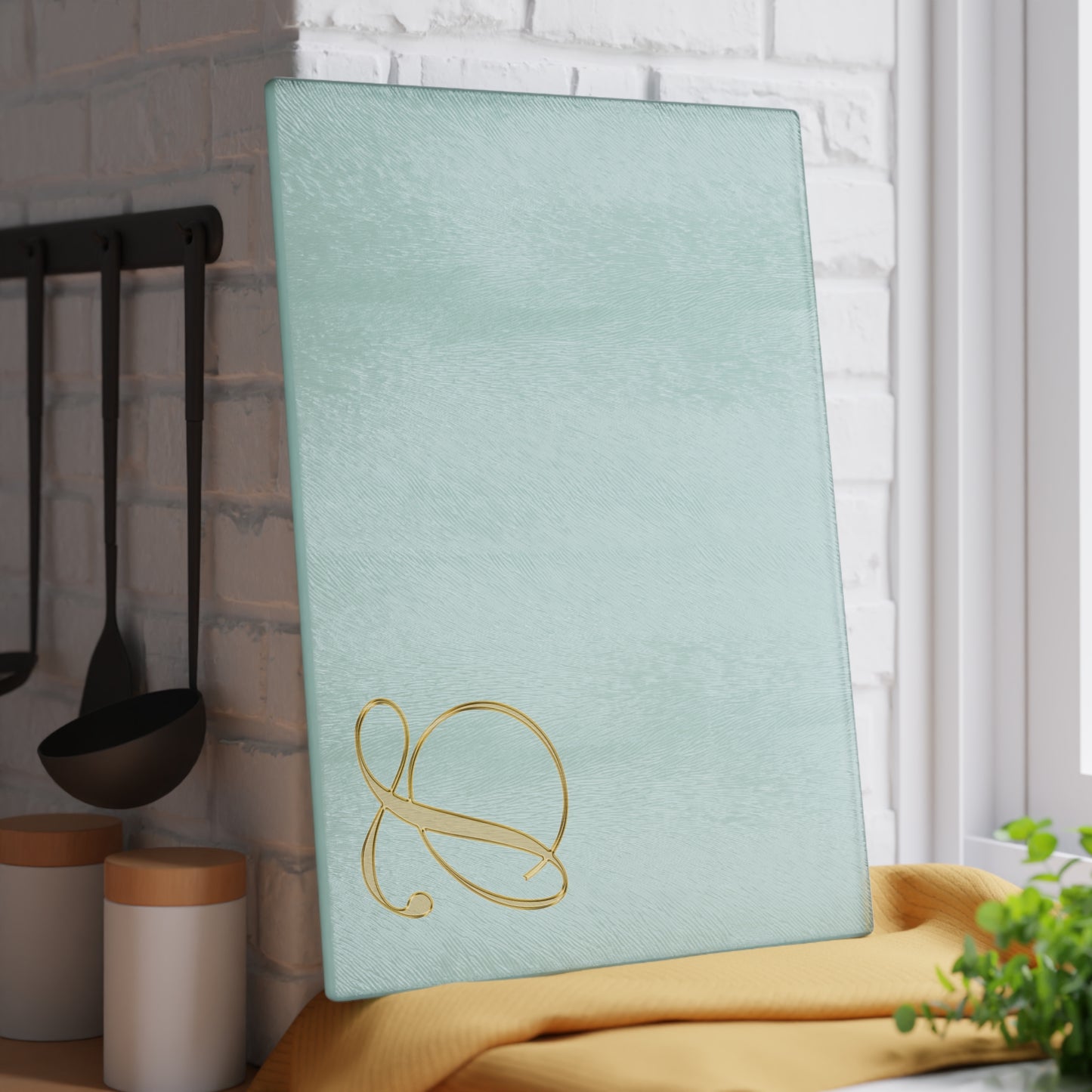 Monogram Glass Cutting Board – Mint with Gold Script 'L'