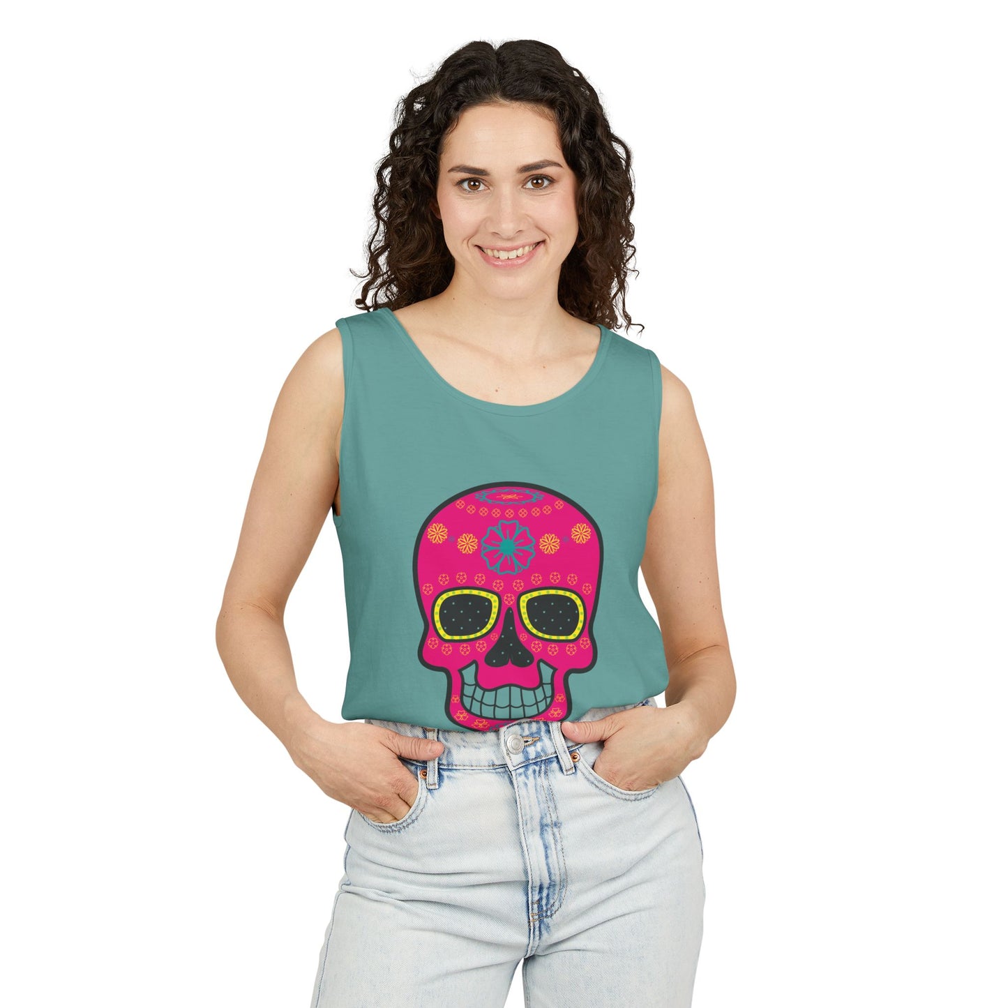 Colorful Dia de los Muertos Skull Tank Top, Unisex Summer Tee, Festival Wear
