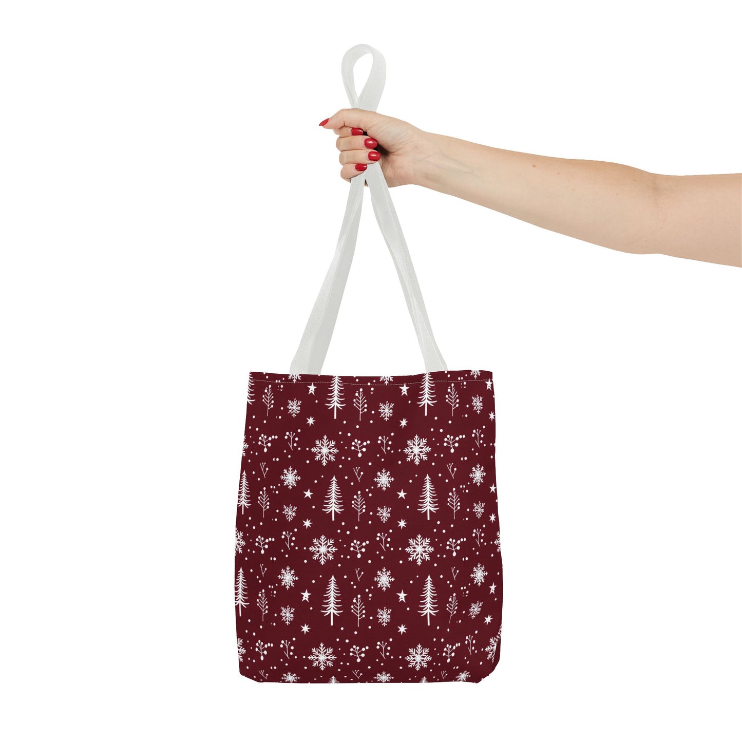 Christmas Snowflake Tote Bag – Burgundy Holiday Patterned Carryall