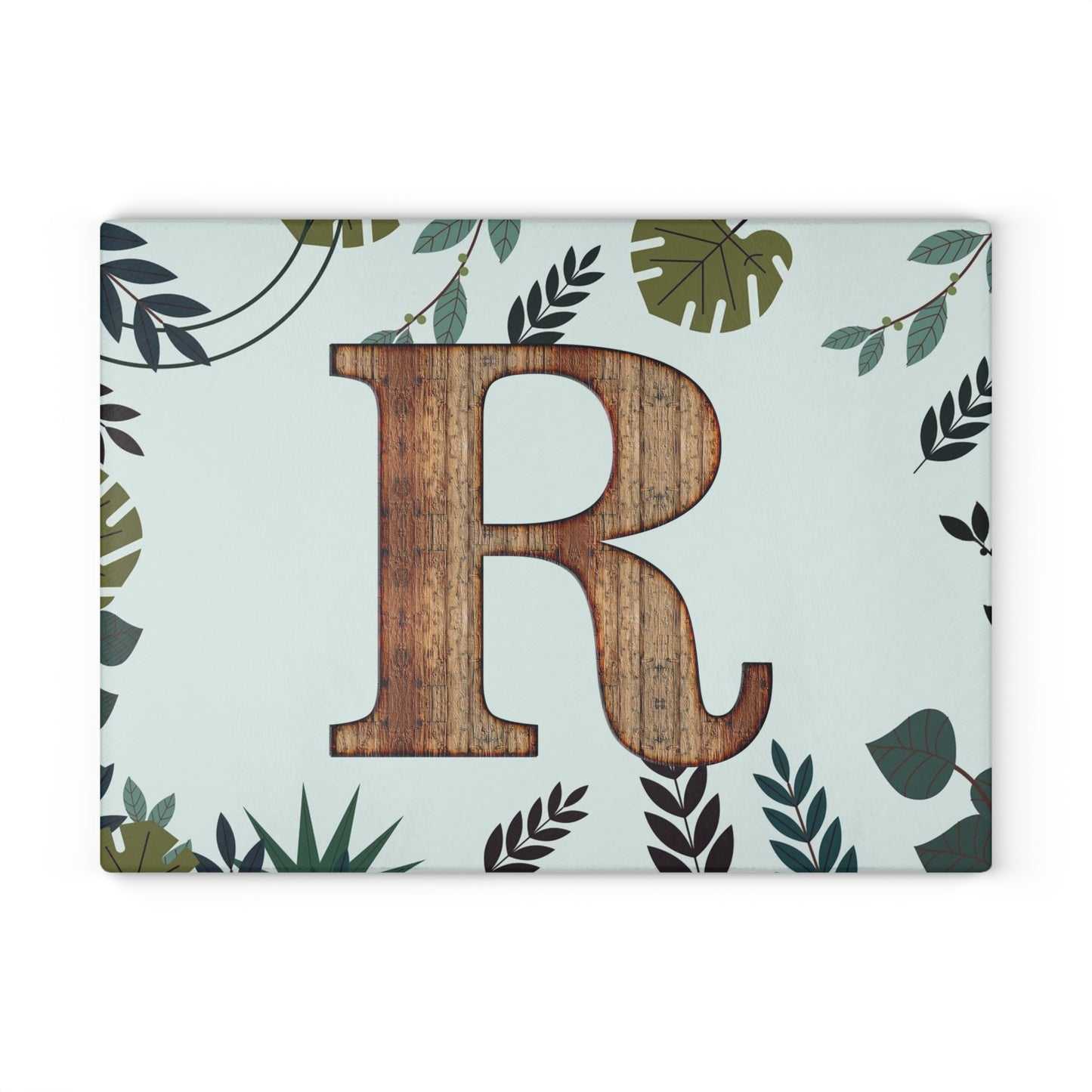 Monogram 'R' Glass Cutting Board — Rustic Wood Letter on Botanical Background