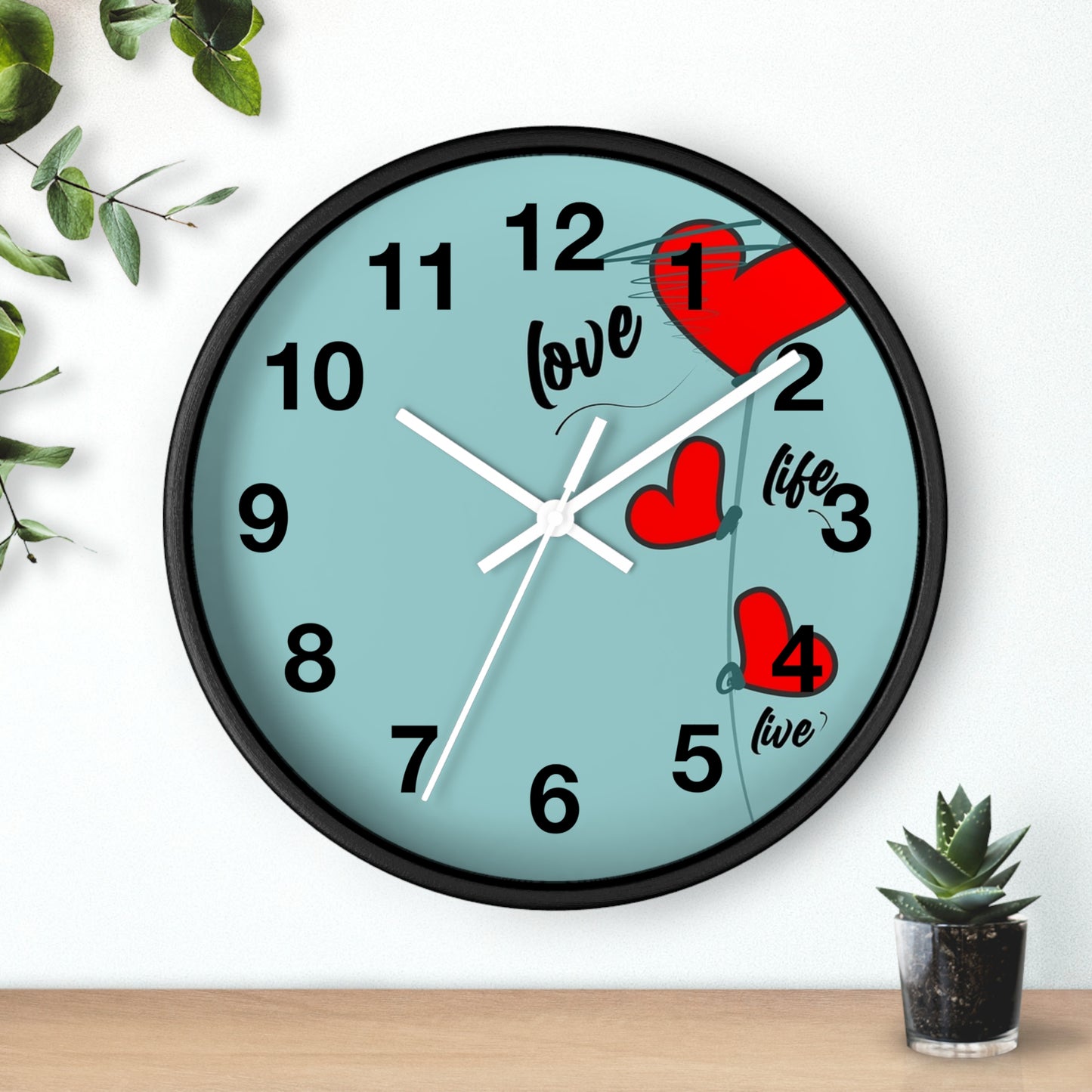 Love Hearts Wall Clock — Retro Teal Clock with Red Hearts & 'Love' Typography
