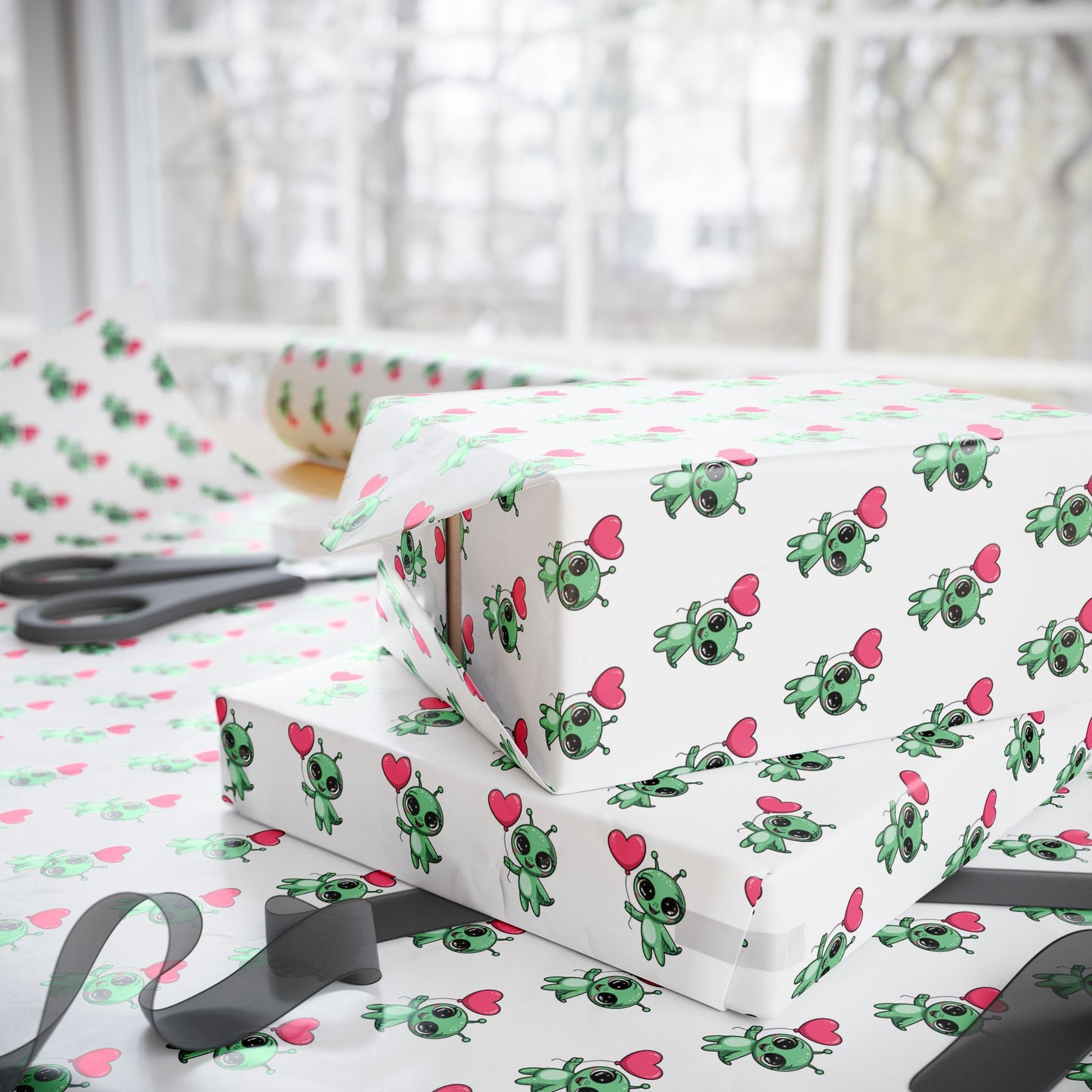 Wrapping Paper – Cute Green Alien with Pink Heart Pattern, Cute Gift Wrap for Kids & Baby Showers