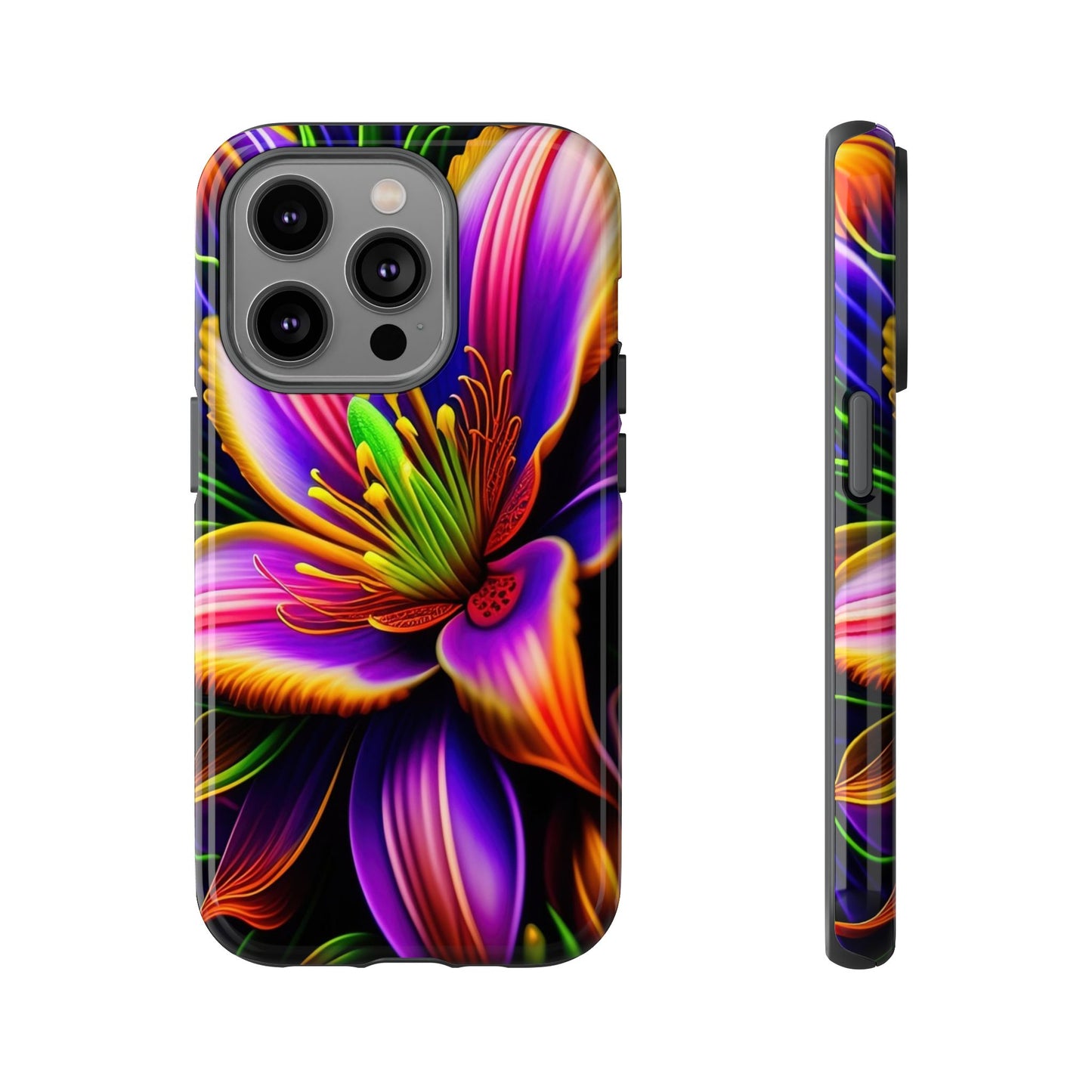 Floral Neon Tough Phone Case — Vivid Purple & Orange Lily Protective Cover