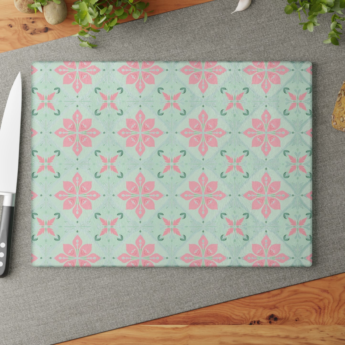 Glass Cutting Board – Pastel Pink & Mint Tile Pattern Kitchen Board