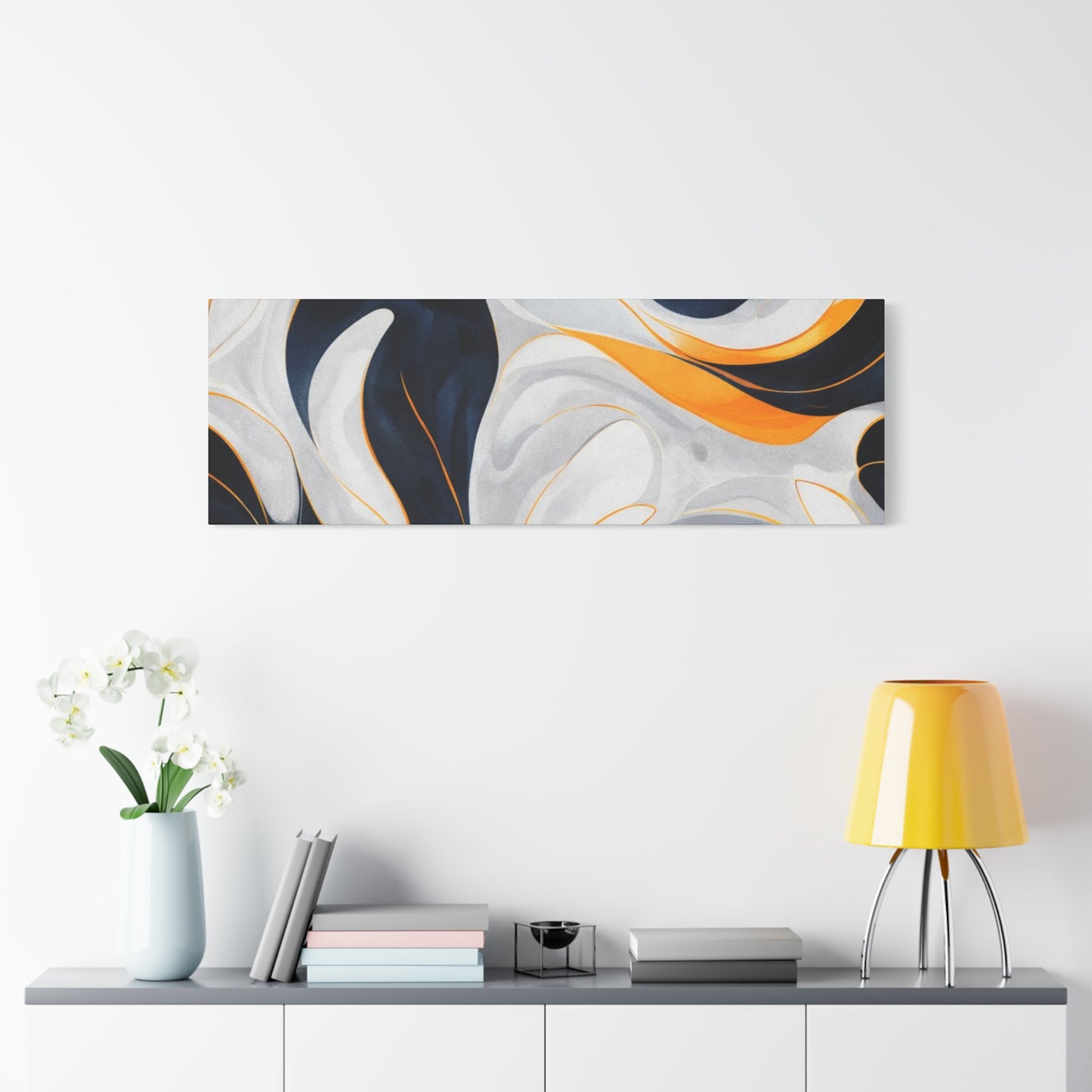 Abstract Fluid Art Matte Canvas Print — Navy, Gold & White Stretched Wall Art