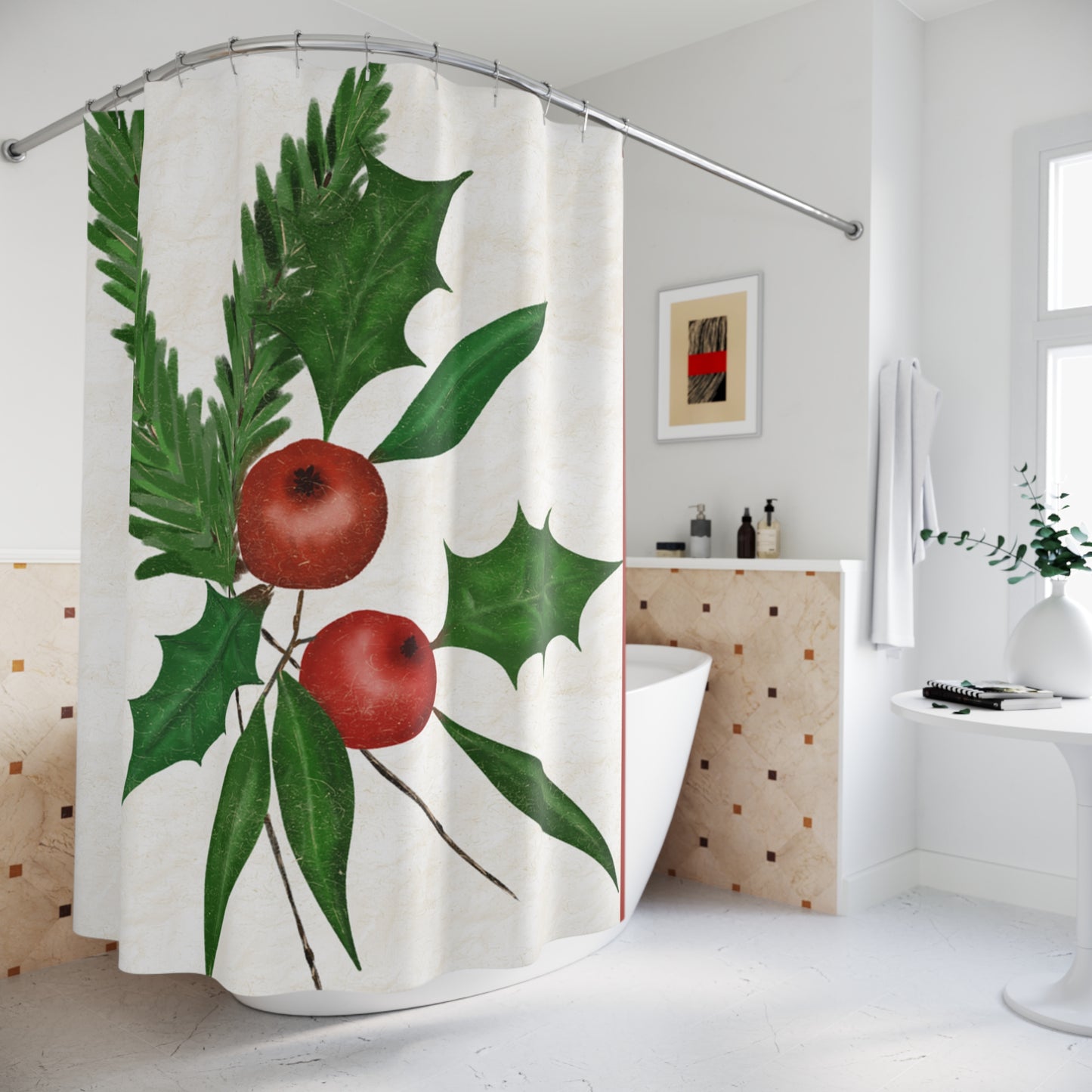 Christmas Shower Curtain with Holly and Berries, Festive Bathroom Decor for Holiday Hosting, Winter Home Decoration, Seasonal Gift Idea