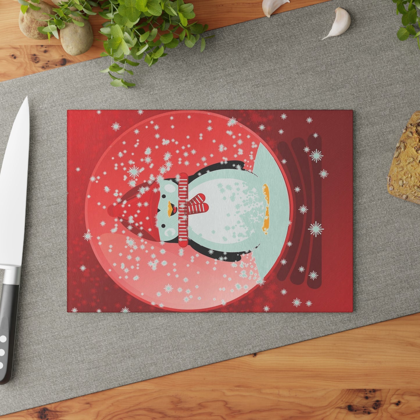 Holiday Penguin Glass Cutting Board – Festive Snow Globe Kitchen Decor