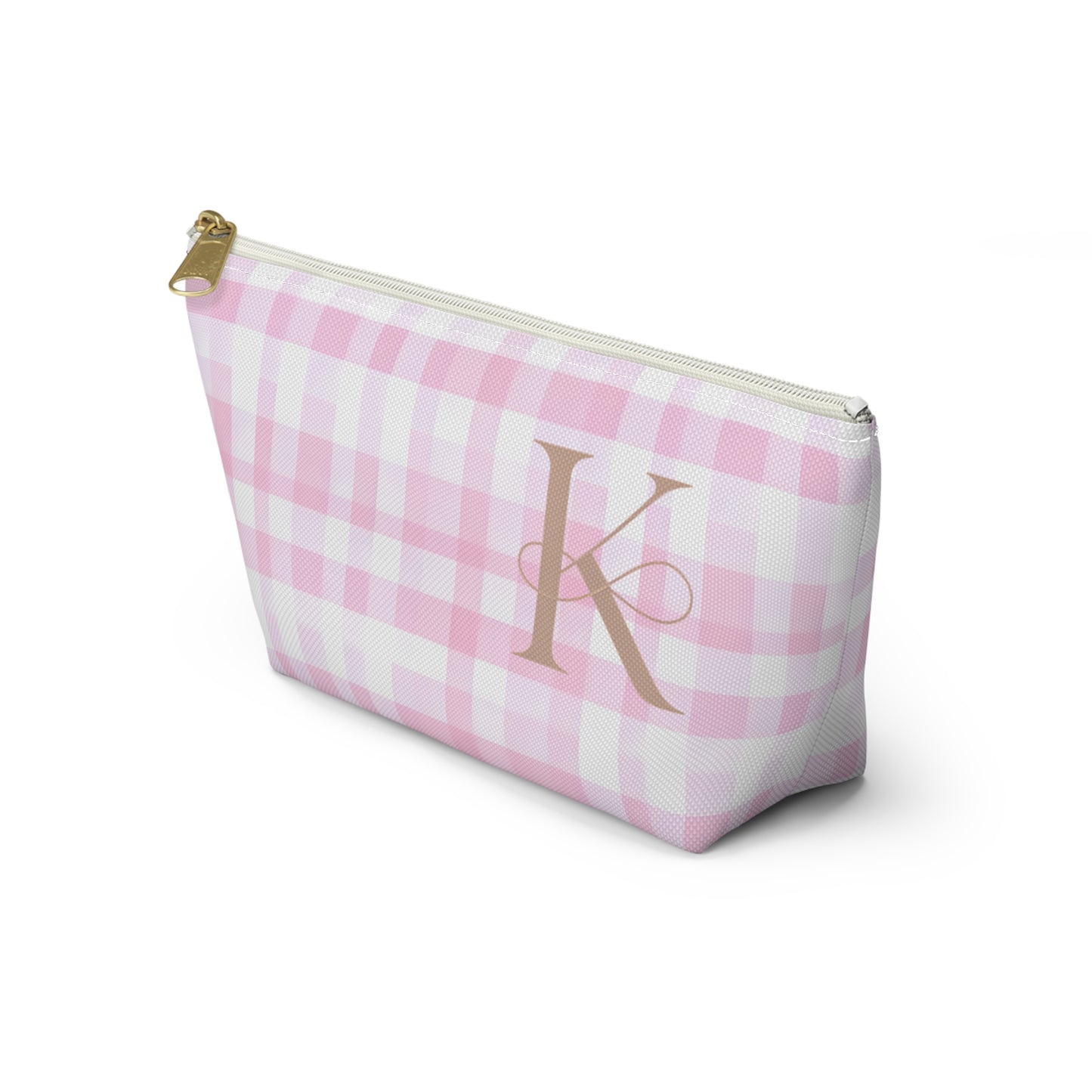 Personalized Pink Gingham Accessory Pouch, Makeup Bag - Letter K