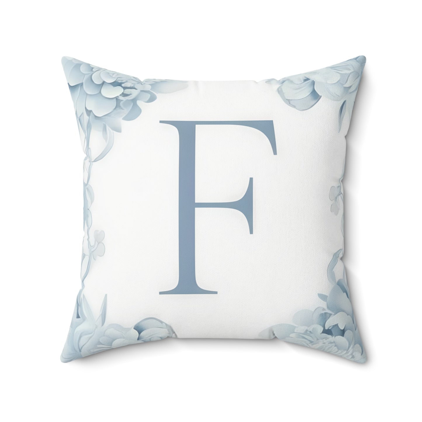 Monogram F Floral Throw Pillow — Blue Letter F Decorative Cushion