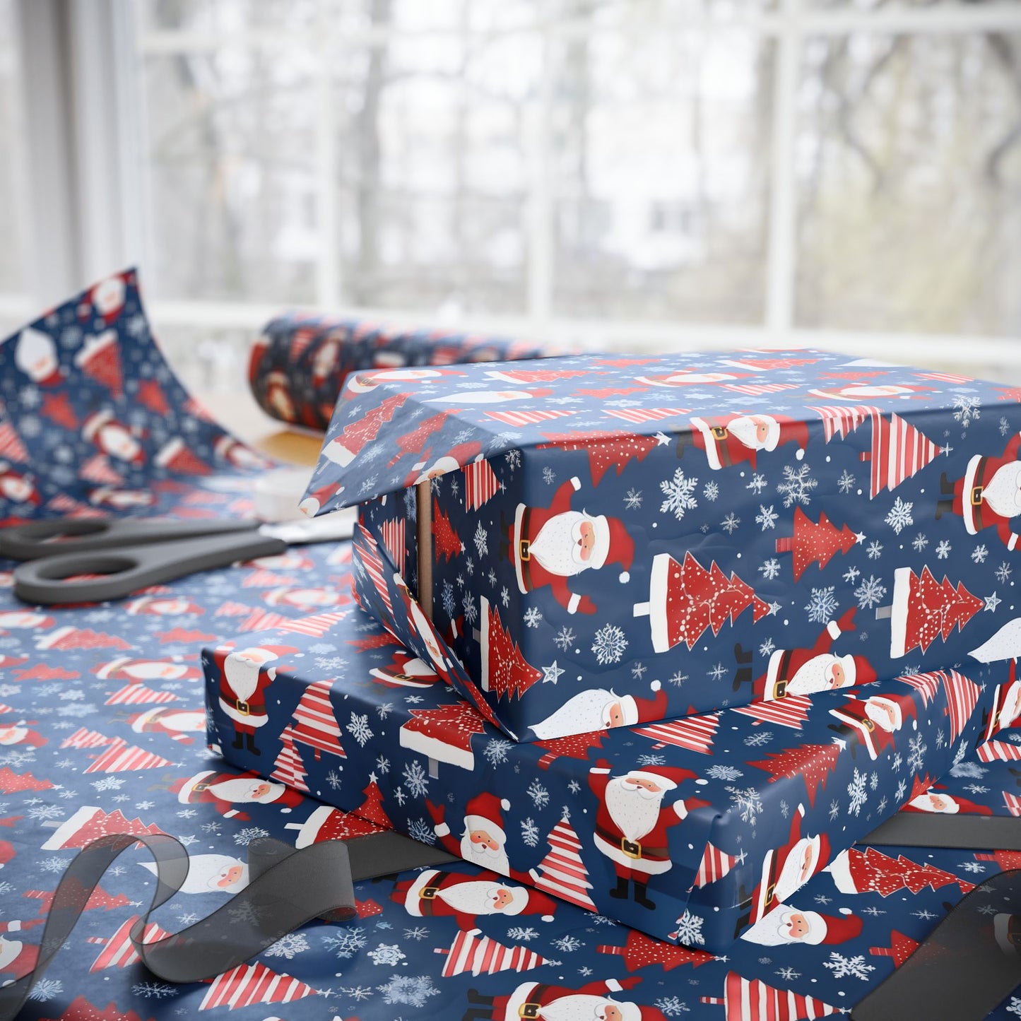 Christmas Santa Wrapping Paper Roll — Blue Festive Holiday Gift Wrap with Santa, Snowflakes & Stockings