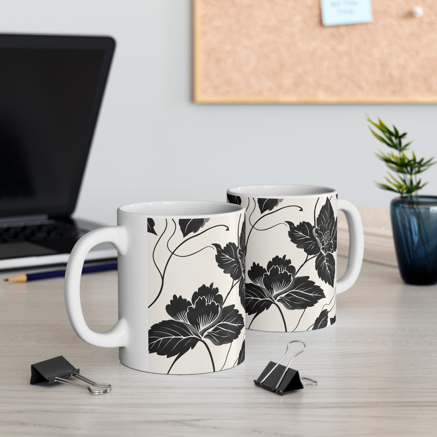 Black Floral Ceramic Mug — Monochrome Vintage Flower Coffee Cup (11oz & 15oz)