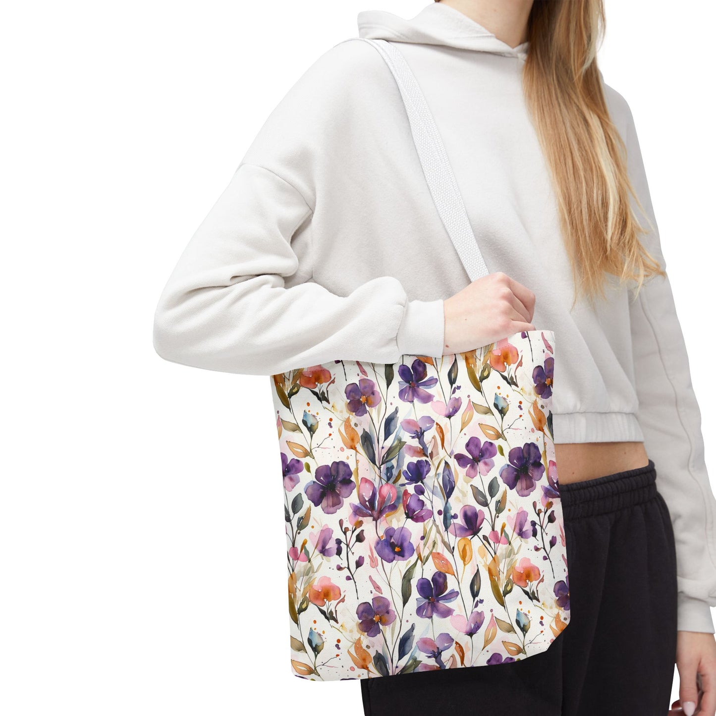 Floral Watercolor Tote Bag — Purple & Orange Botanical All-Over Print
