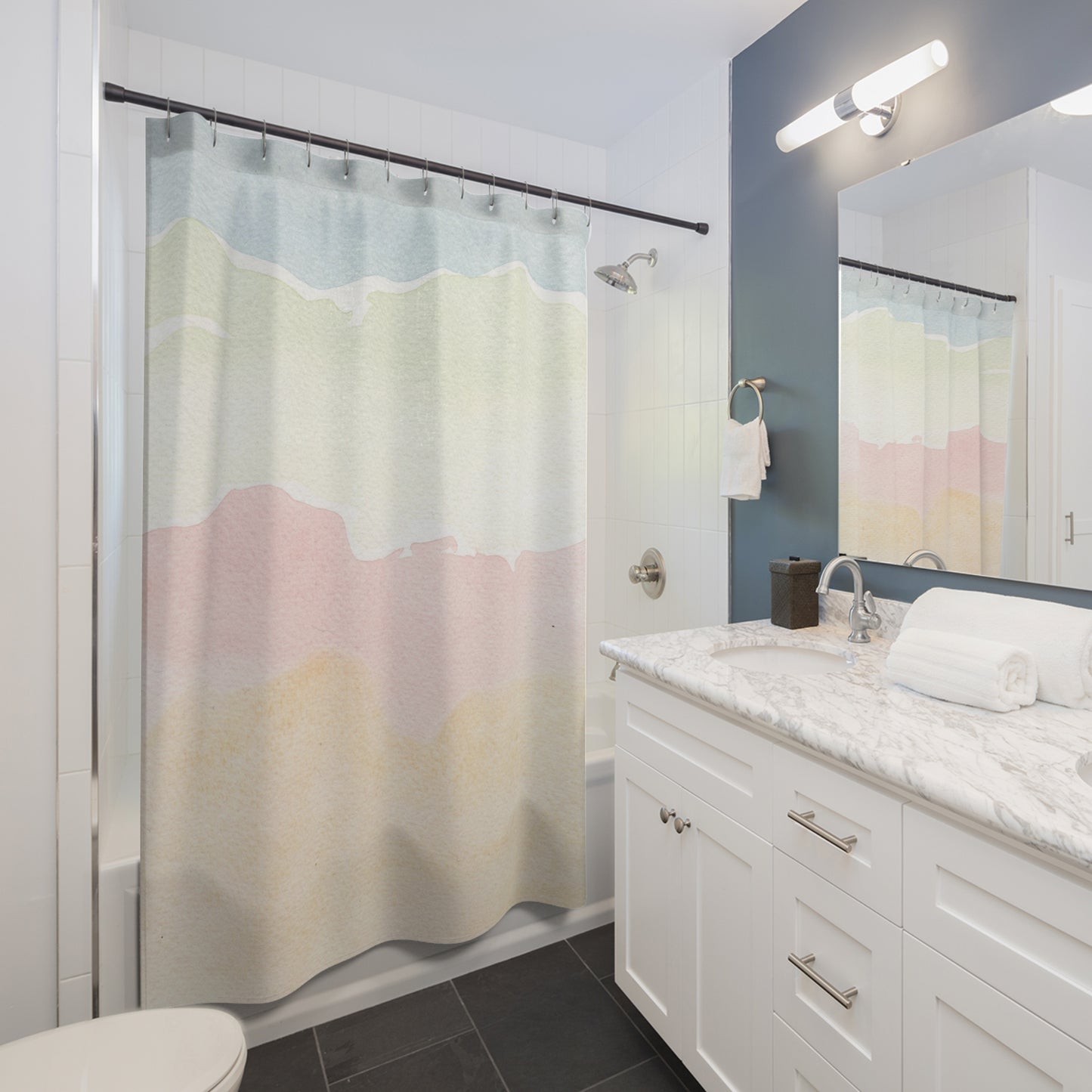 Pastel Waves Shower Curtain — Coastal Watercolor Bathroom Decor