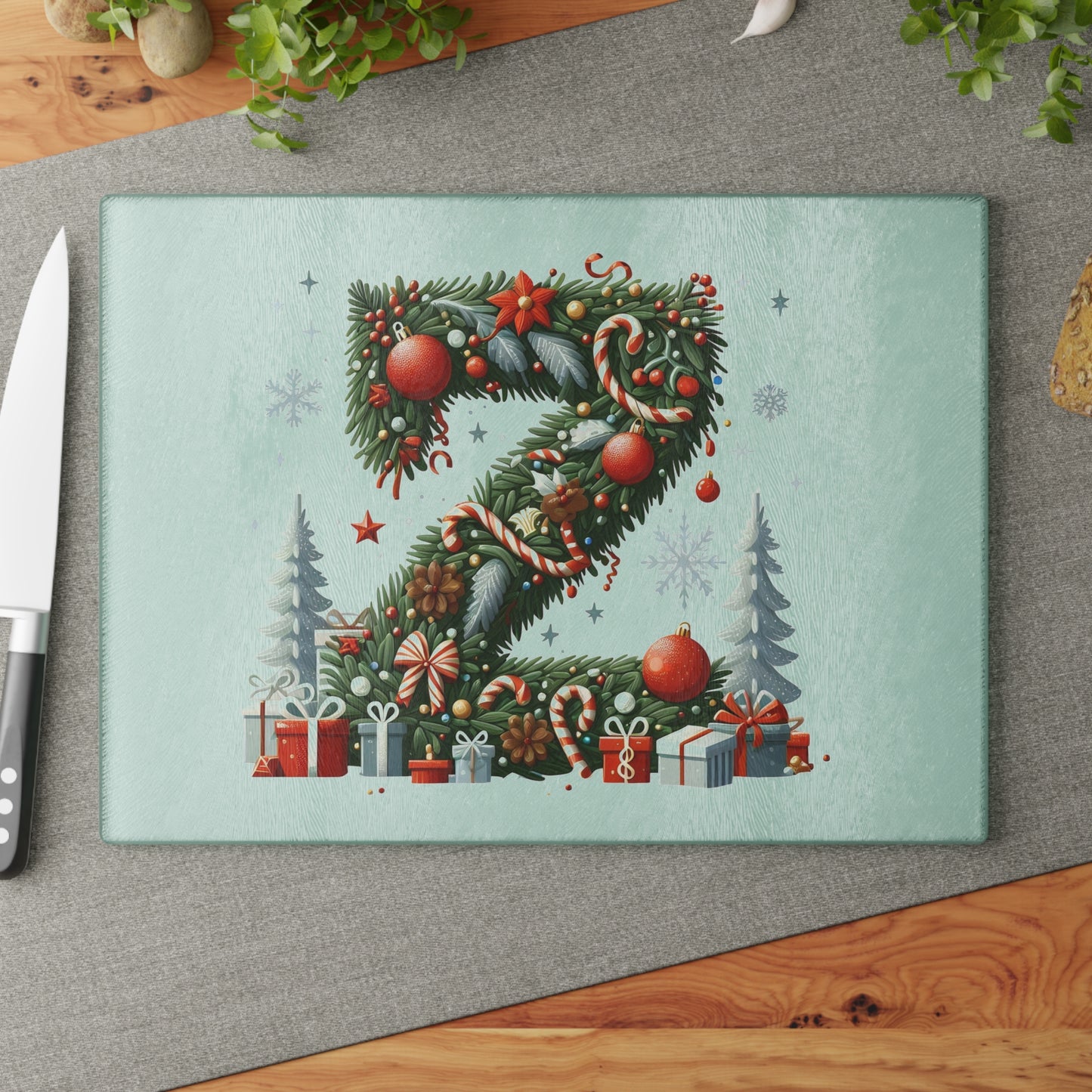 Christmas Wreath Letter 'Z' Glass Cutting Board — Holiday Kitchen Décor with Ornaments & Gifts