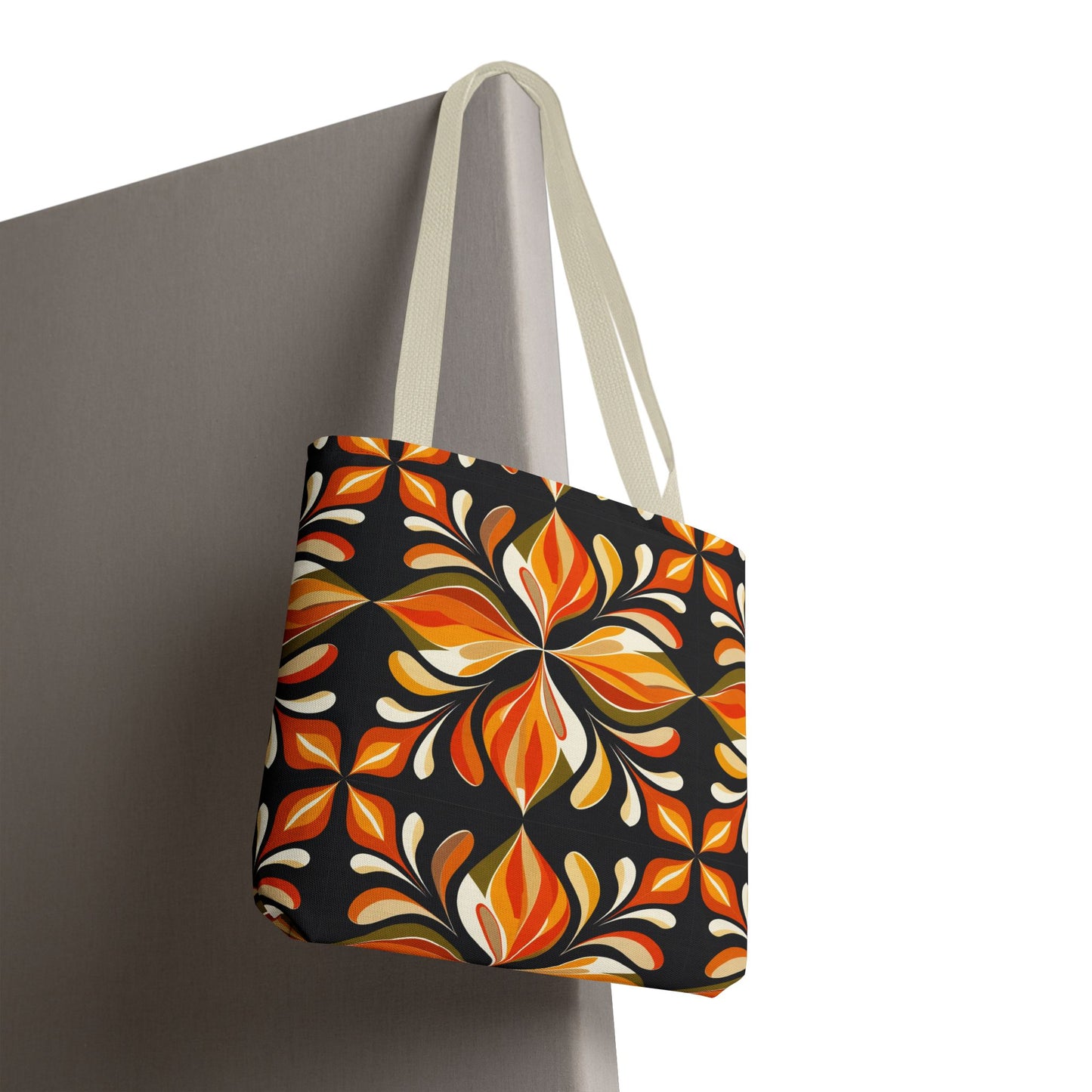 Retro Floral Tote Bag — Orange & Black Boho Pattern