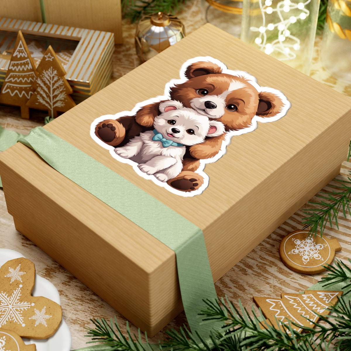 Adorable Bear and Pup Kiss Cut Stickers, Cute Animal Decor, Childrens Party Favors, Laptop Stickers