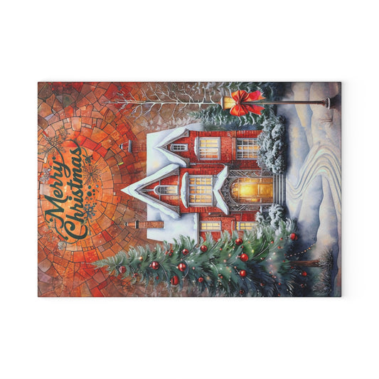Christmas Cottage Glass Cutting Board — Merry Christmas Holiday Kitchen Decor