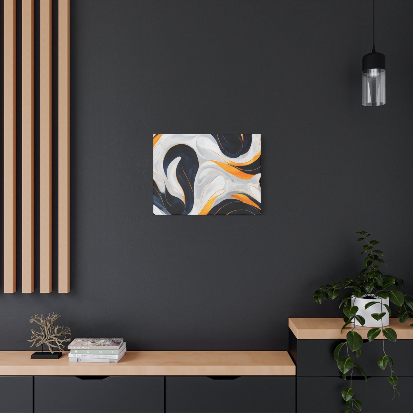 Abstract Fluid Art Matte Canvas Print — Navy, Gold & White Stretched Wall Art