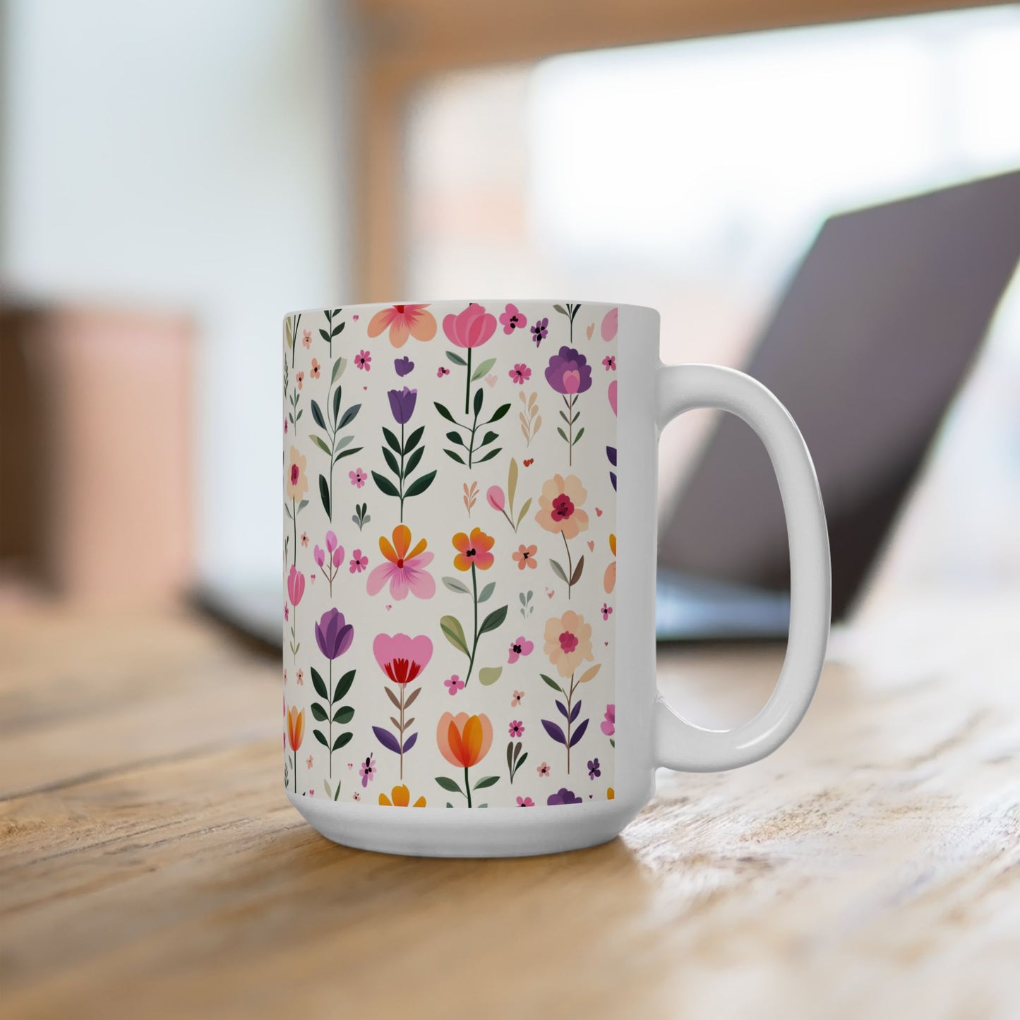 Floral Pattern Ceramic Mug — Pink Spring Flowers 11oz & 15oz