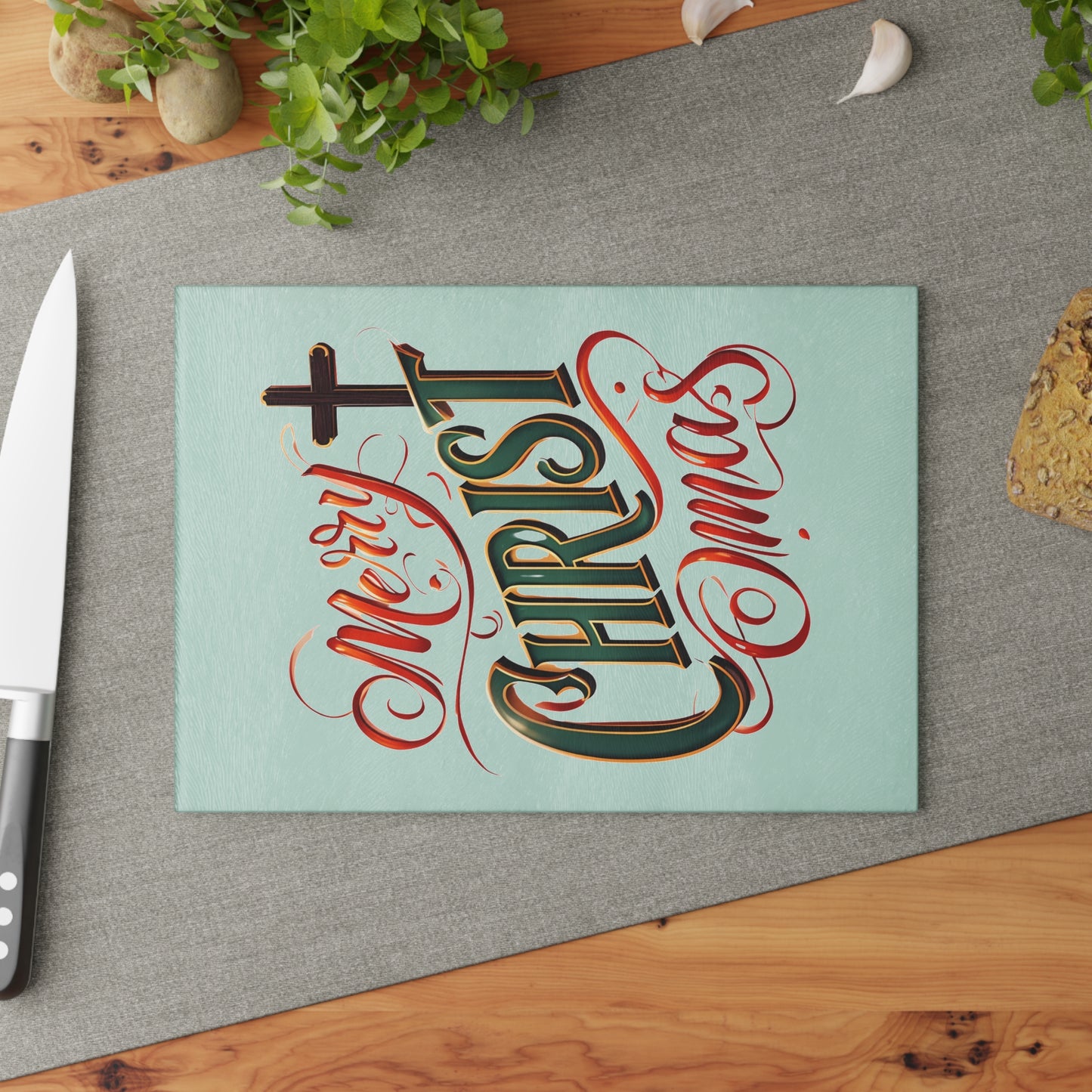 Glass Cutting Board - 'Merry Christmas' Festive Holiday Serving & Prep Board