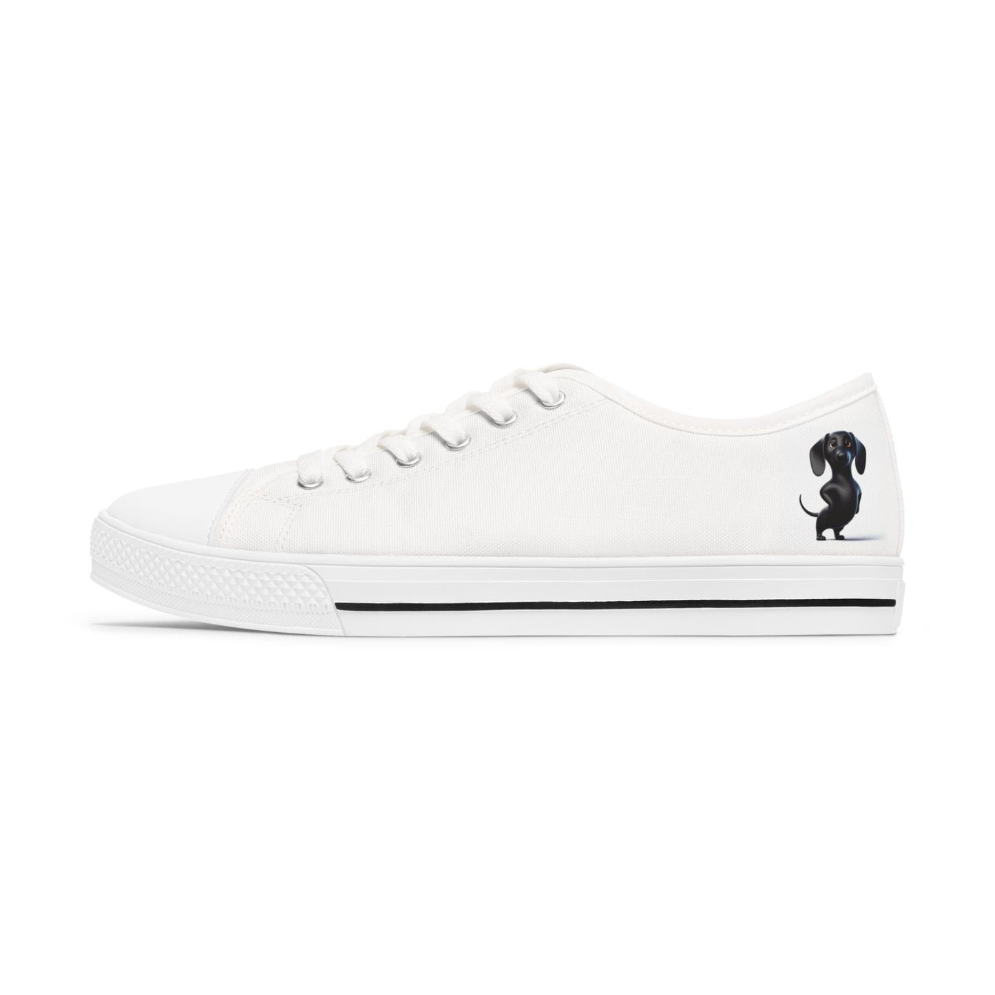 Low Top Sneakers — White Casual Women's Canvas Shoes with Small Black Cat Silhouette
