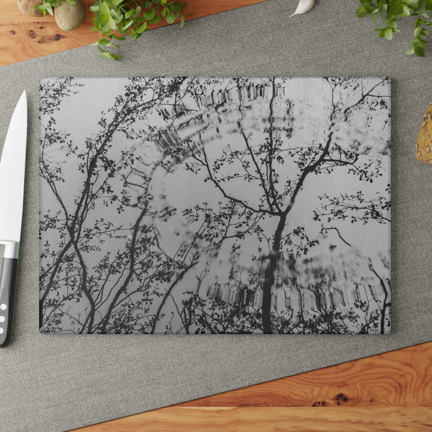 Glass Cutting Board — Monochrome Ferris Wheel & Tree Silhouette Decorative Cutting Board