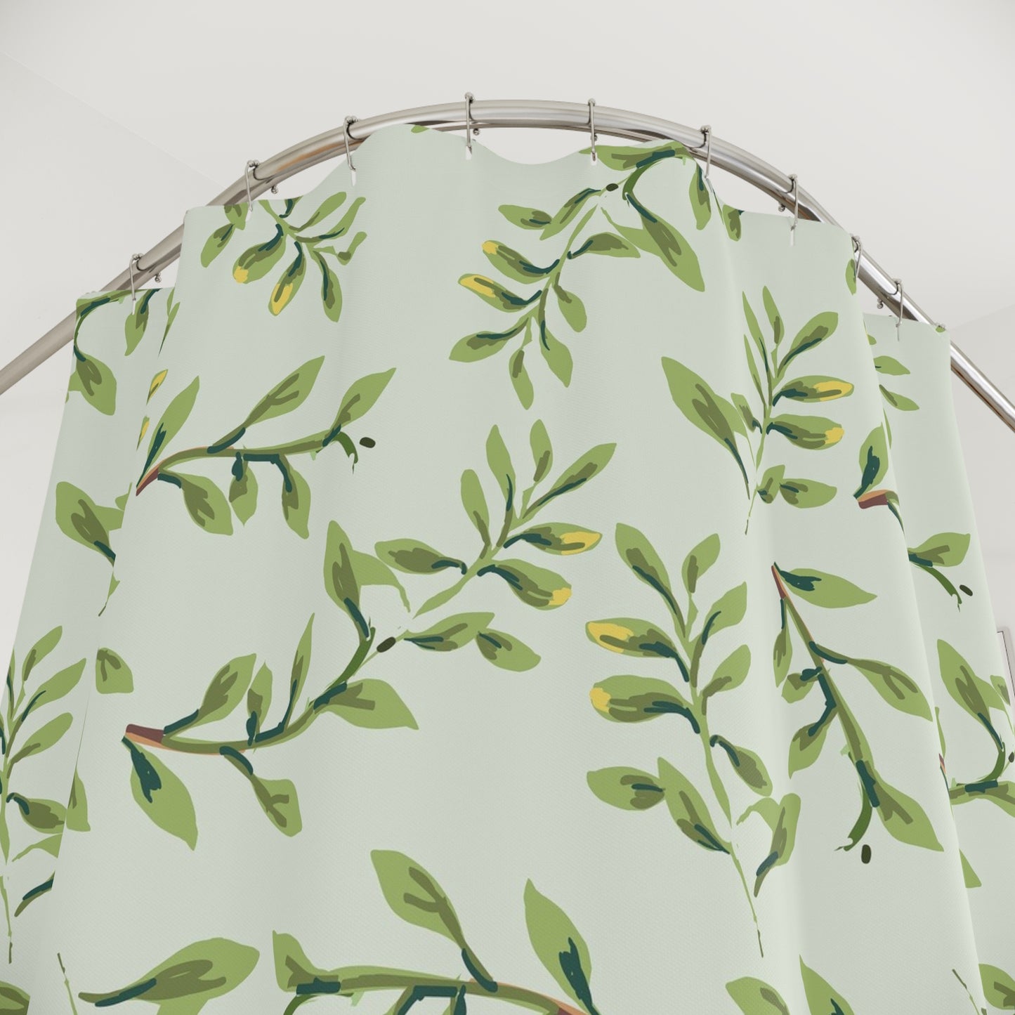 Botanical Leaf Shower Curtain — Watercolor Green Branch Bathroom Decor