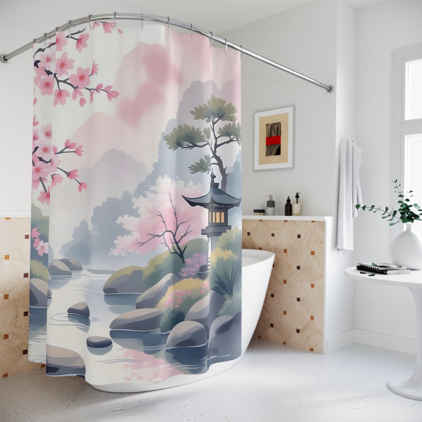 Zen Cherry Blossom Shower Curtain — Japanese Garden Bath Decor