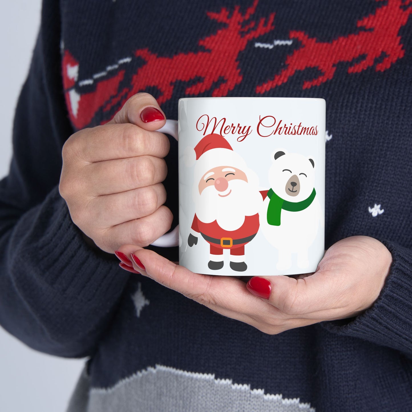 Christmas Santa & Polar Bear Ceramic Mug (11oz/15oz) — "Merry Christmas" Holiday Coffee Cup