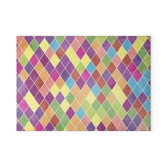 Colorful Diamond Print Glass Cutting Board - Kitchen Decor, Gift for Home, Wedding Gift, Cooking & Serving Essential, Culinary Art