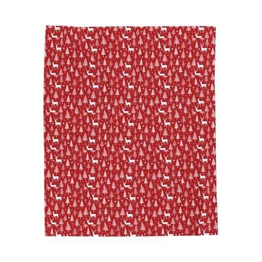 Christmas Reindeer & Trees Plush Blanket – Red Holiday Velveteen Throw