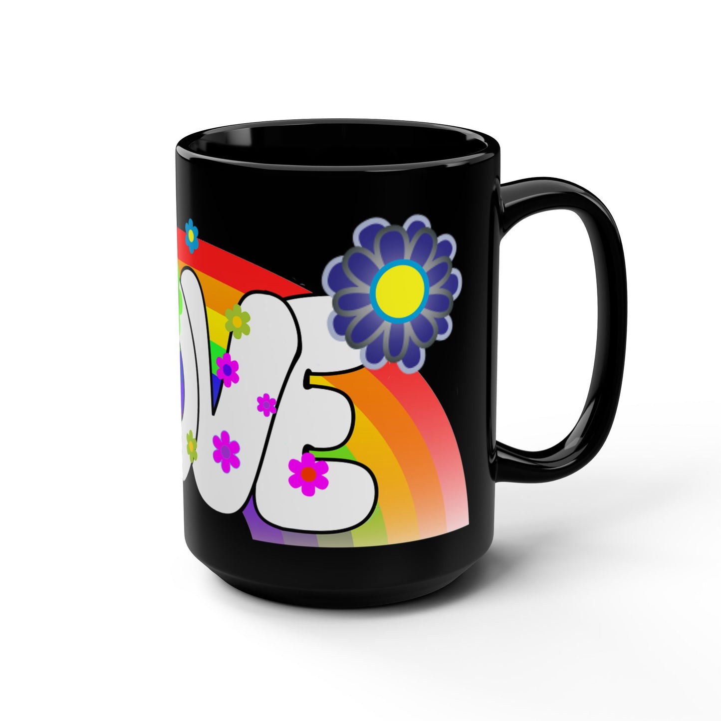 Love Rainbow 70s Flower Power Black 15oz Mug