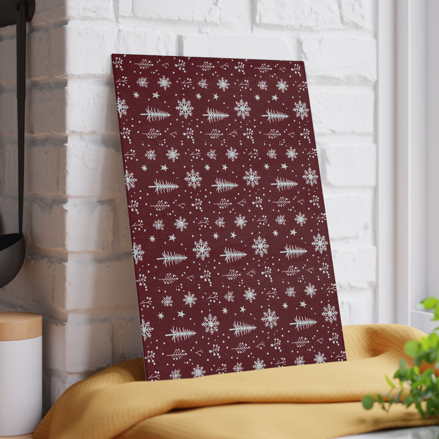 Holiday Snowflake & Pine Glass Cutting Board — Festive Winter Kitchen Decor