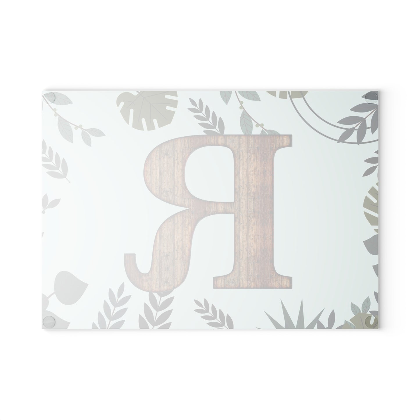 Monogram 'R' Glass Cutting Board — Rustic Wood Letter on Botanical Background