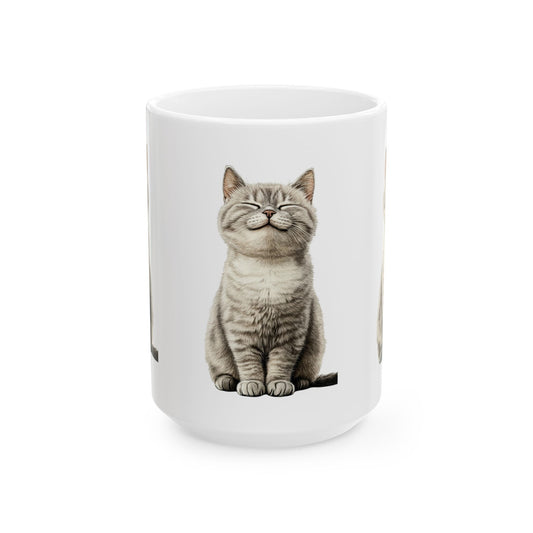 Smiling Grey Tabby Cat Ceramic Mug — Cute Cat Lover Coffee Cup (11oz & 15oz)