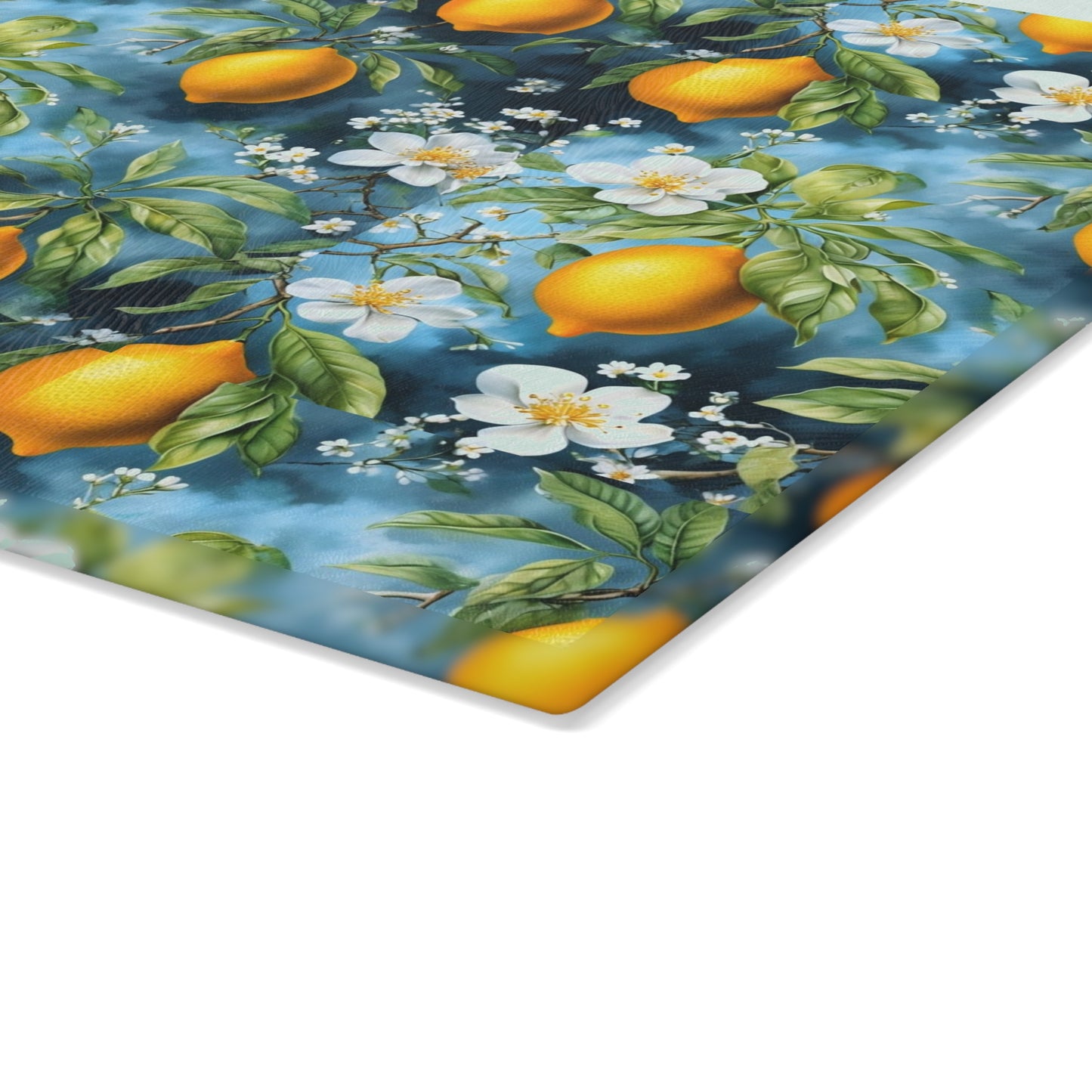 Lemon Blossom Glass Cutting Board — Citrus Kitchen Countertop Board