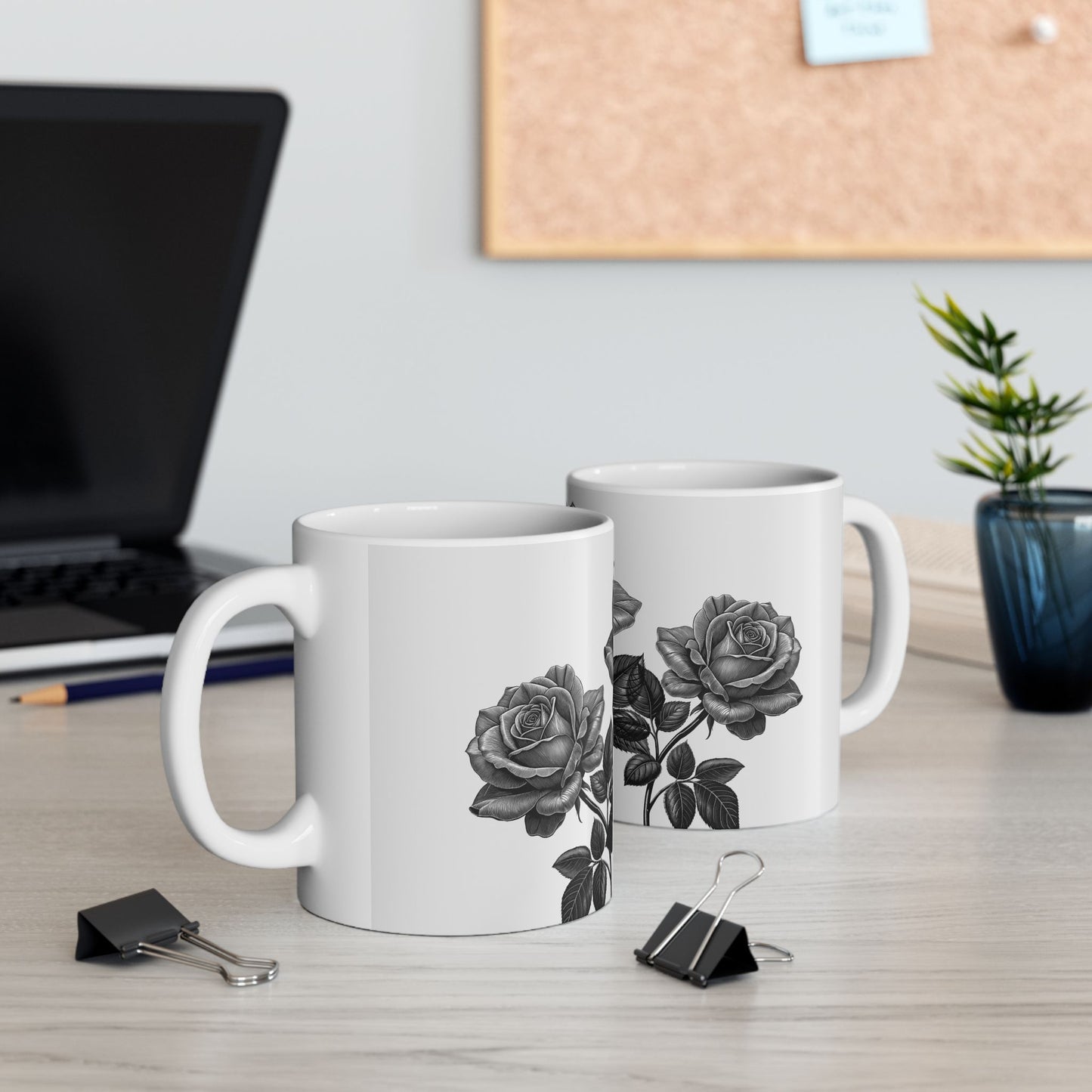 Elegant Floral Ceramic Mug - Black and White Rose Design, Coffee Cup, Gift for Her, Home Decor, Tea Lover's Perfect Mug