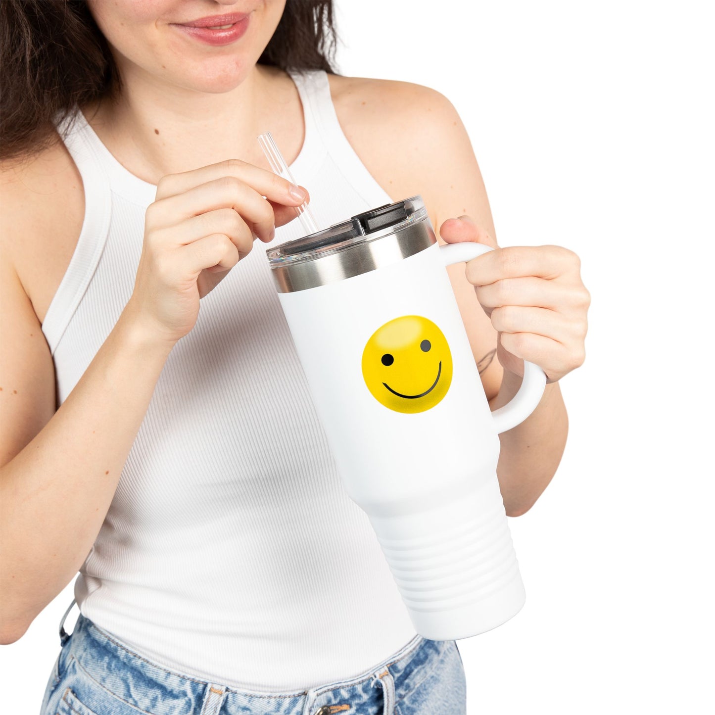 Smiley Face Insulated Travel Mug | 40oz Large Cup for Hot/Cold Beverages | Perfect for Travel & Gifting