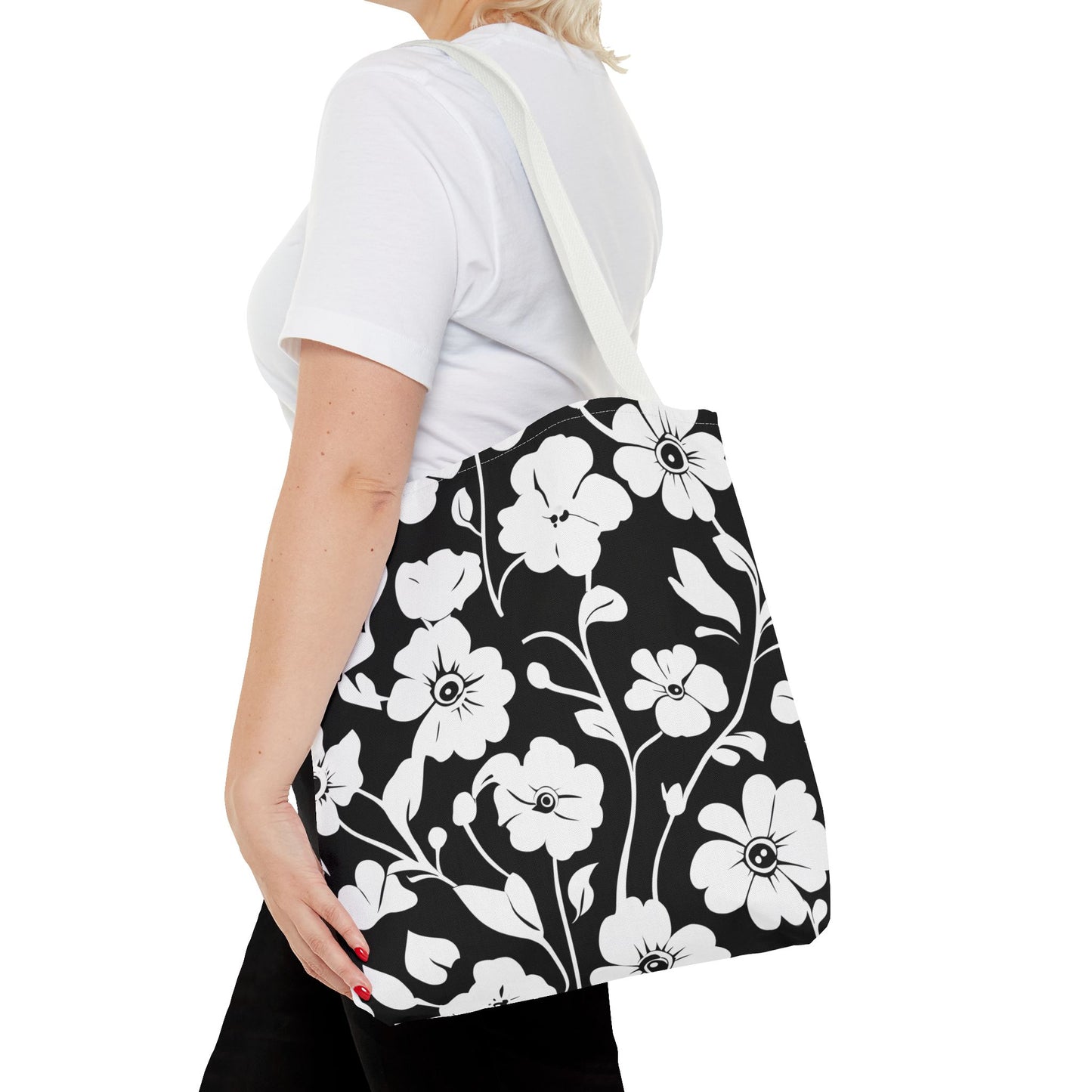 Elegant Floral Tote Bag, Black and White Tote, Eco-Friendly Shopping Bag