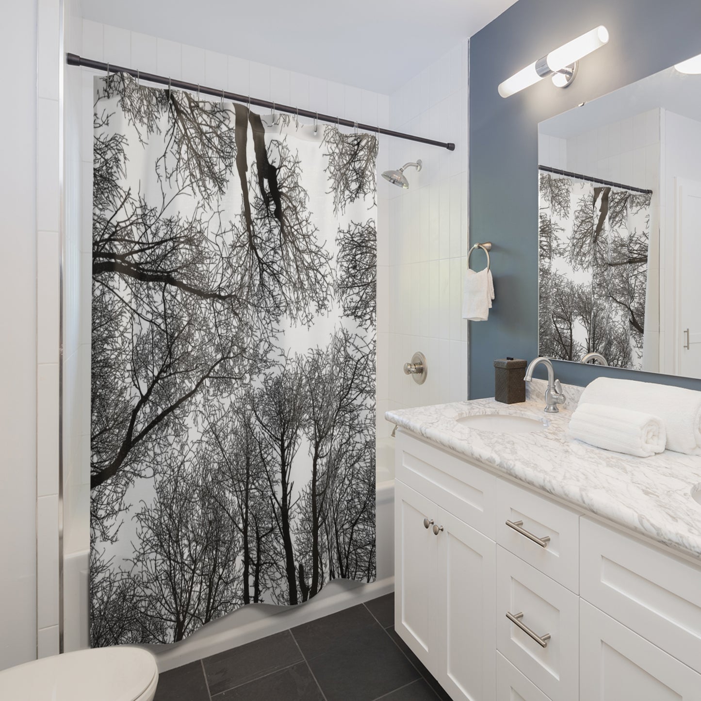 Monochrome Bare Trees Shower Curtain — Black & White Forest Canopy Bathroom Decor