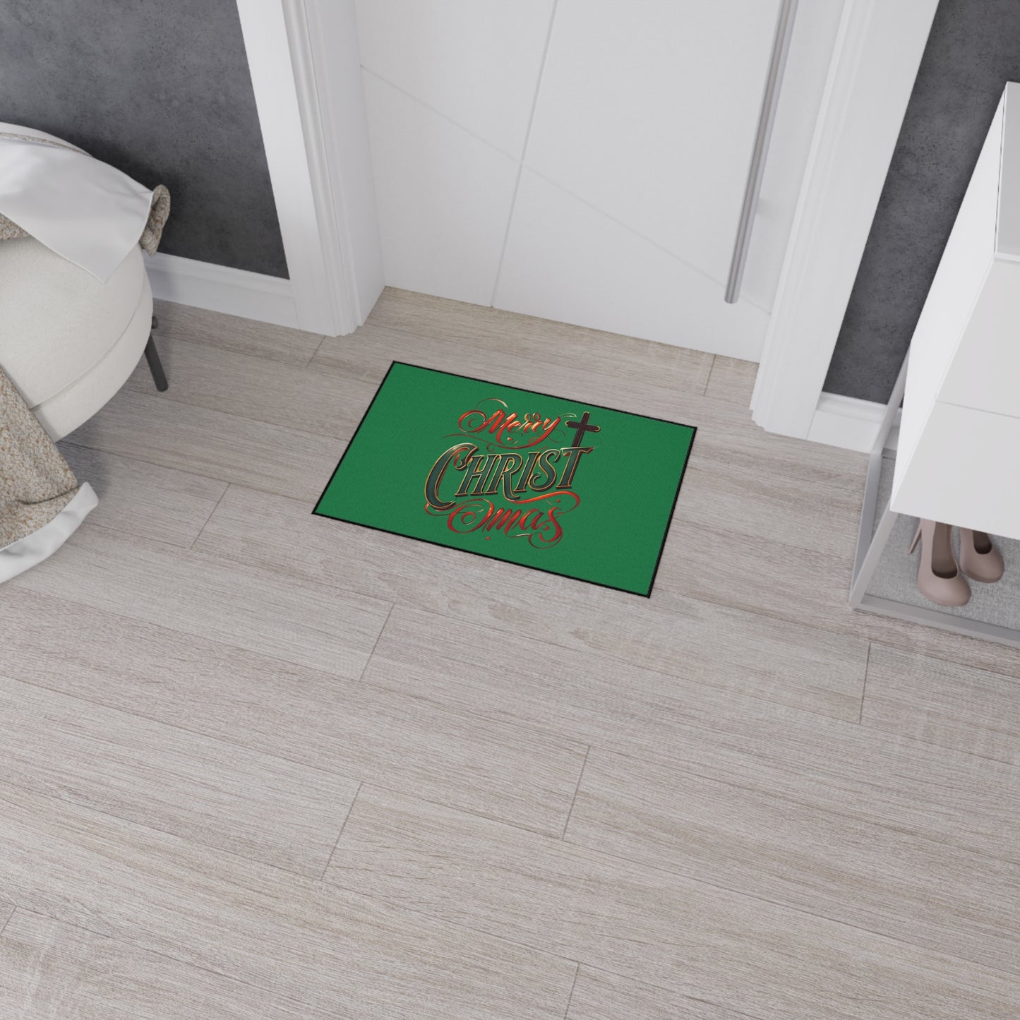 Christmas Floor Mat - "Merry Christmas" Script with Cross, Heavy-Duty Holiday Doormat