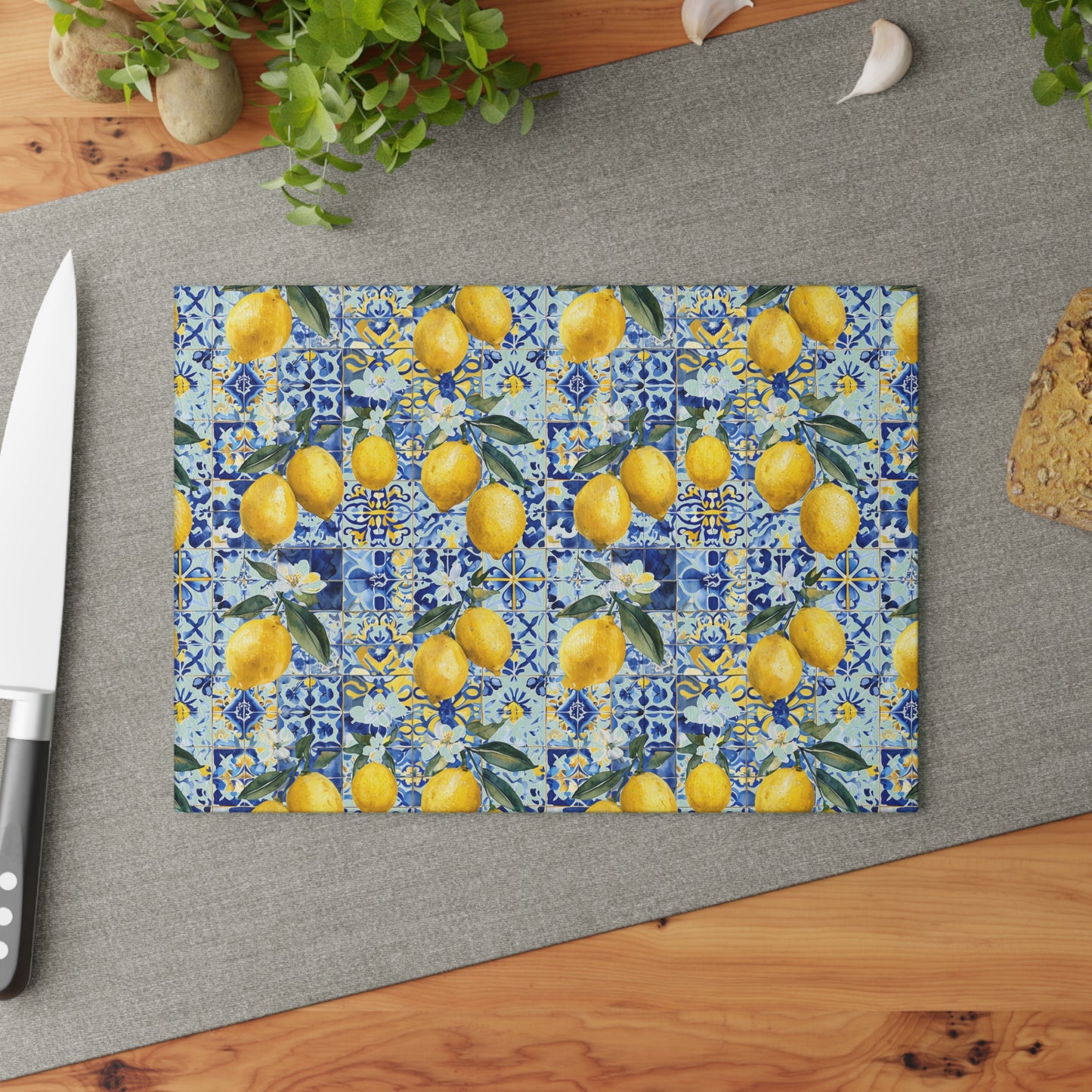 Lemon Tile Glass Cutting Board – Mediterranean Citrus Kitchen Decor