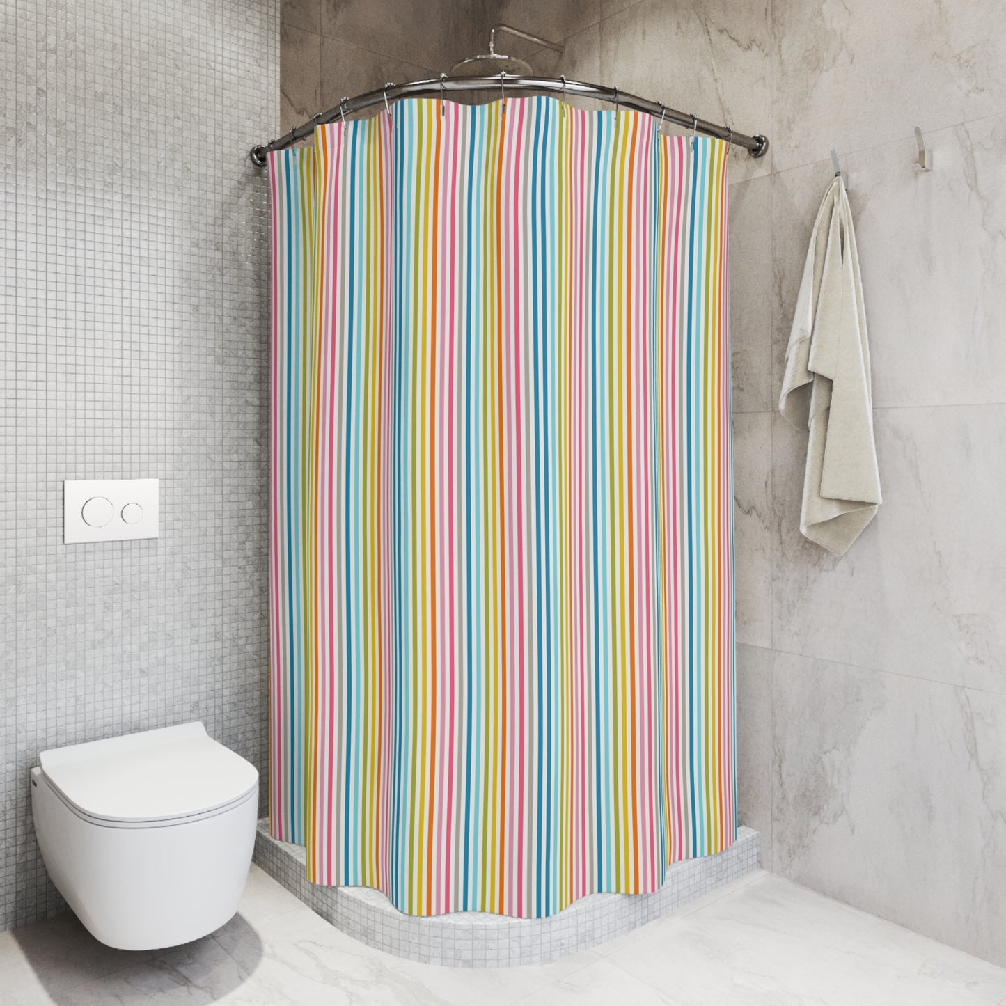 Colorful Striped Shower Curtain — Bright Rainbow Vertical Lines Bathroom Decor