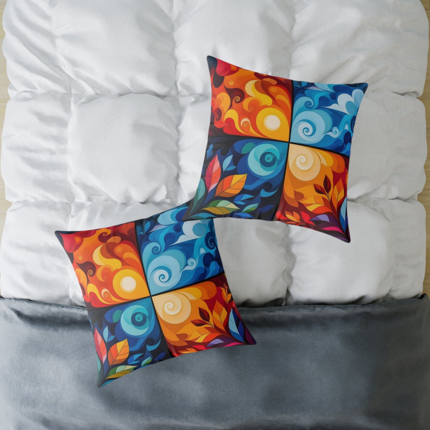 Abstract Seasons Square Pillow — Colorful Four-Panel Decorative Throw Pillow