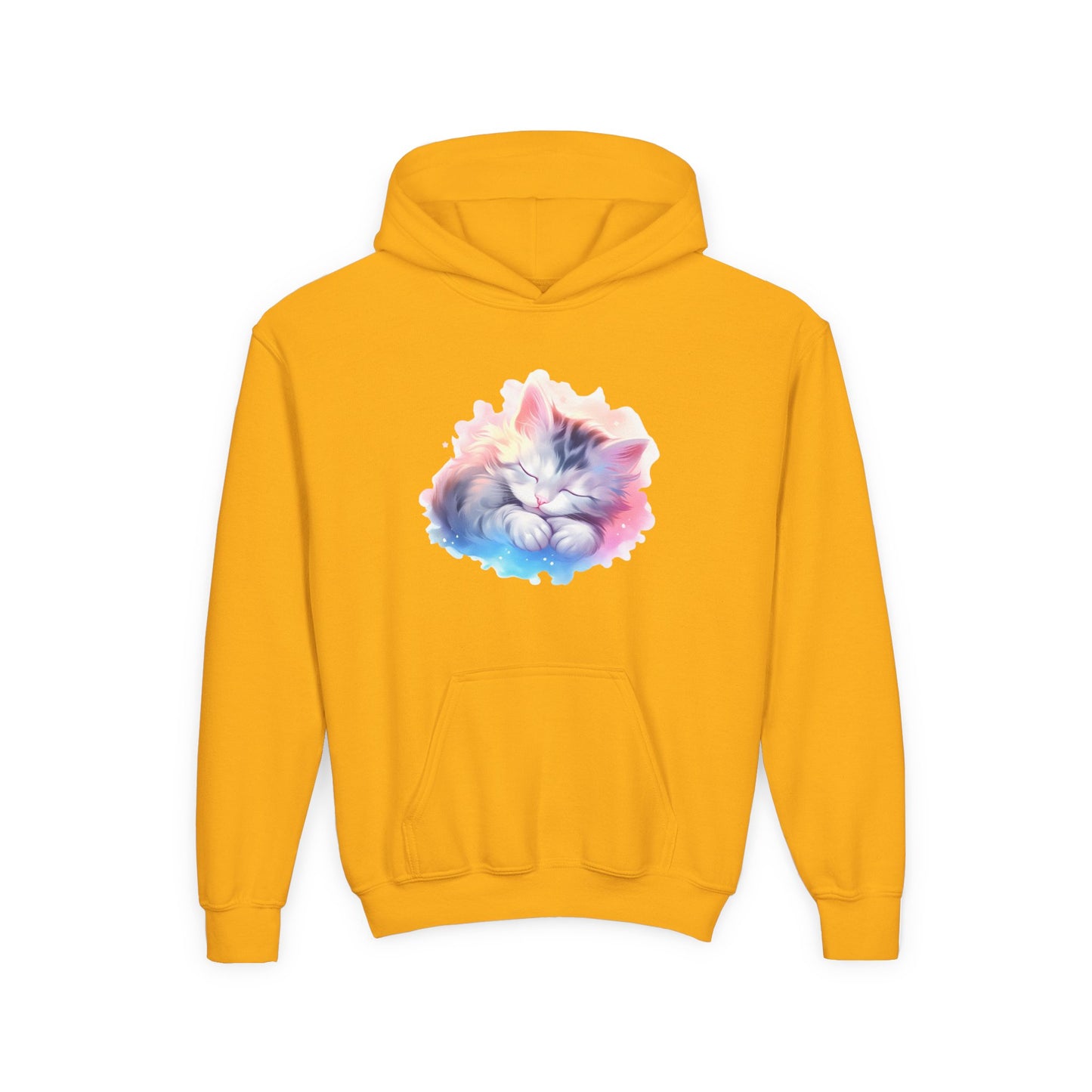 Kids' Cozy Rainbow Kitten Hoodie — Cute Sleeping Cat Youth Sweatshirt